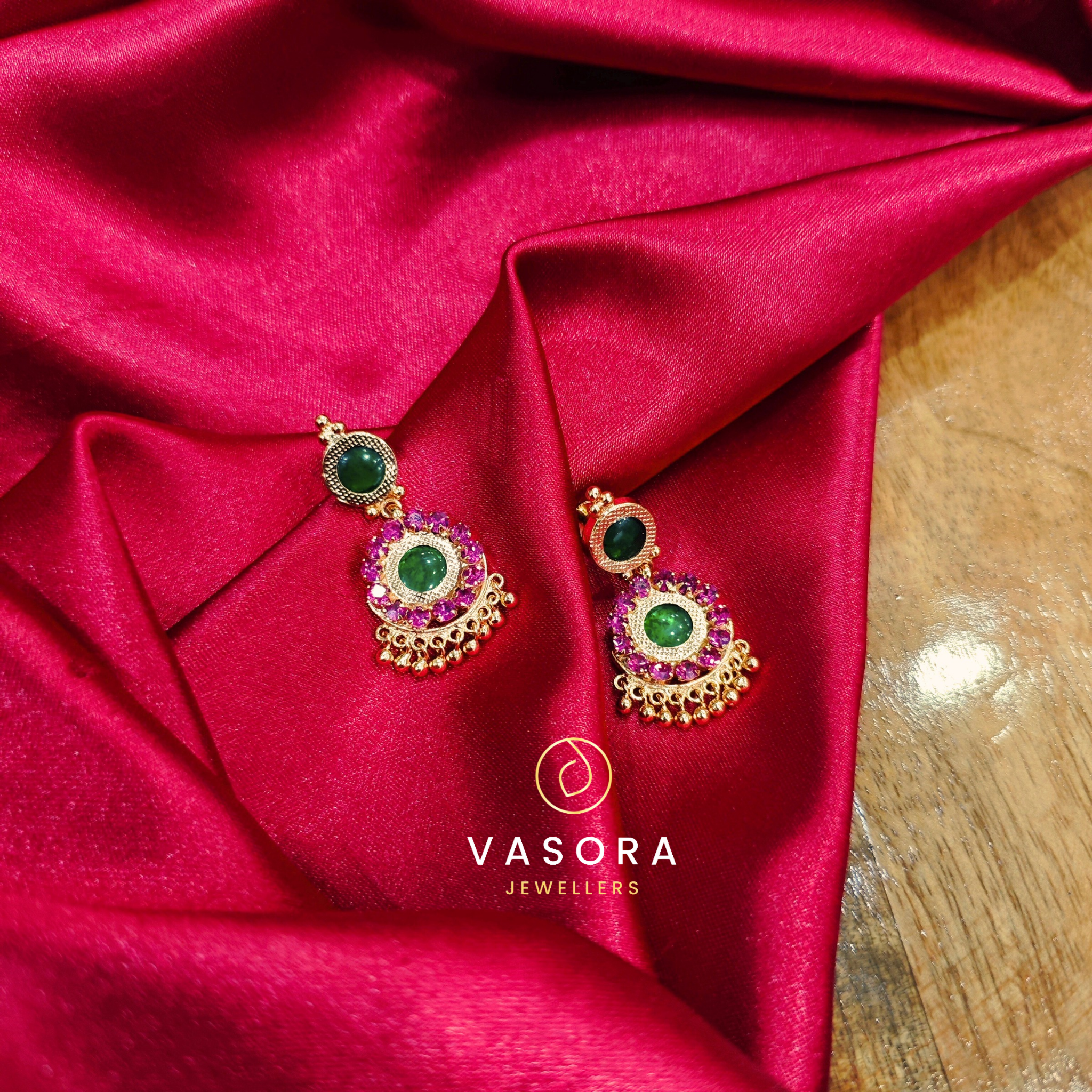 Gold-Plated Palakka Green & Ruby Stone Earrings