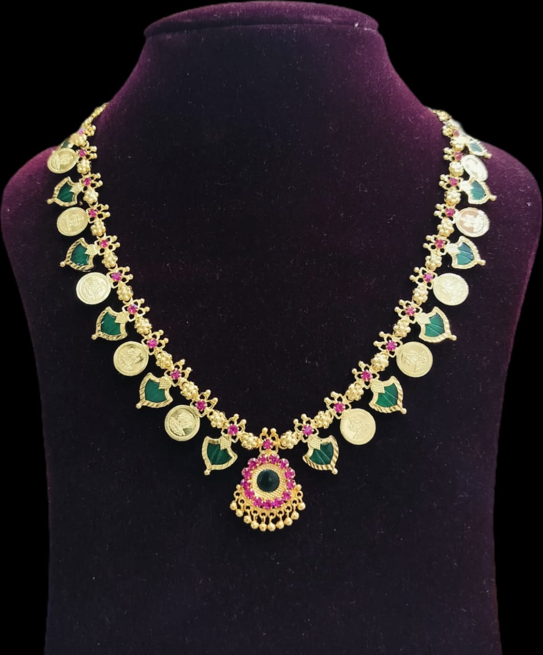 Gold plated palakka lakshmi coin necklace green with small center locket