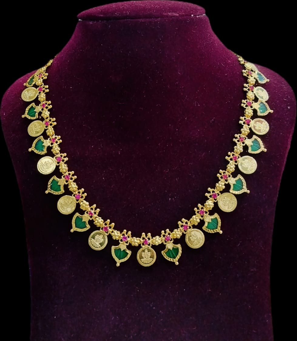 Gold plated palakka lakshmi coin necklace green 
