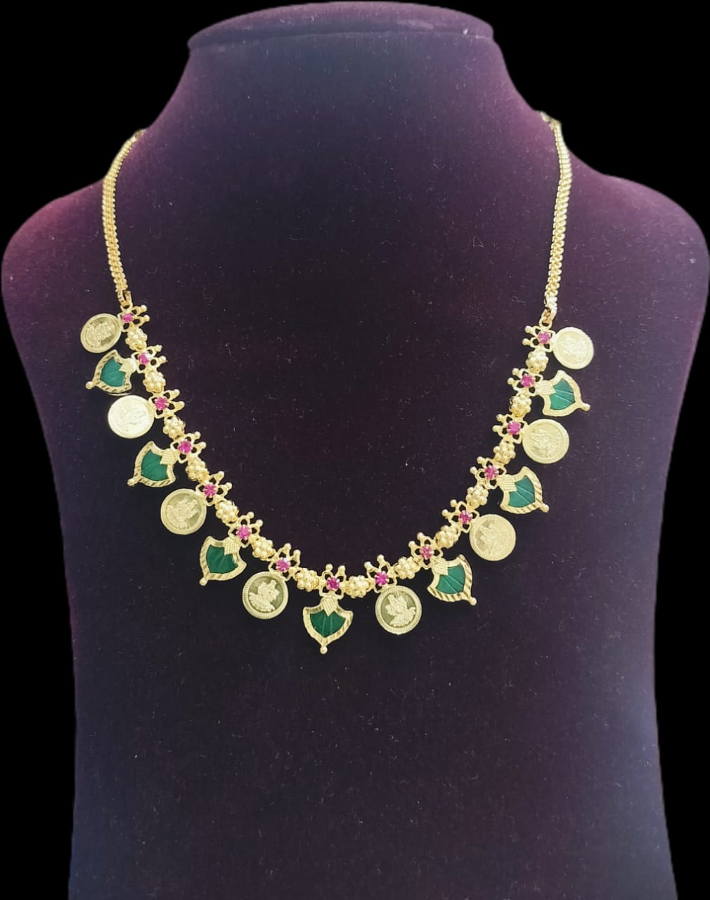 Gold plated palakka lakshmi coin small necklace green 