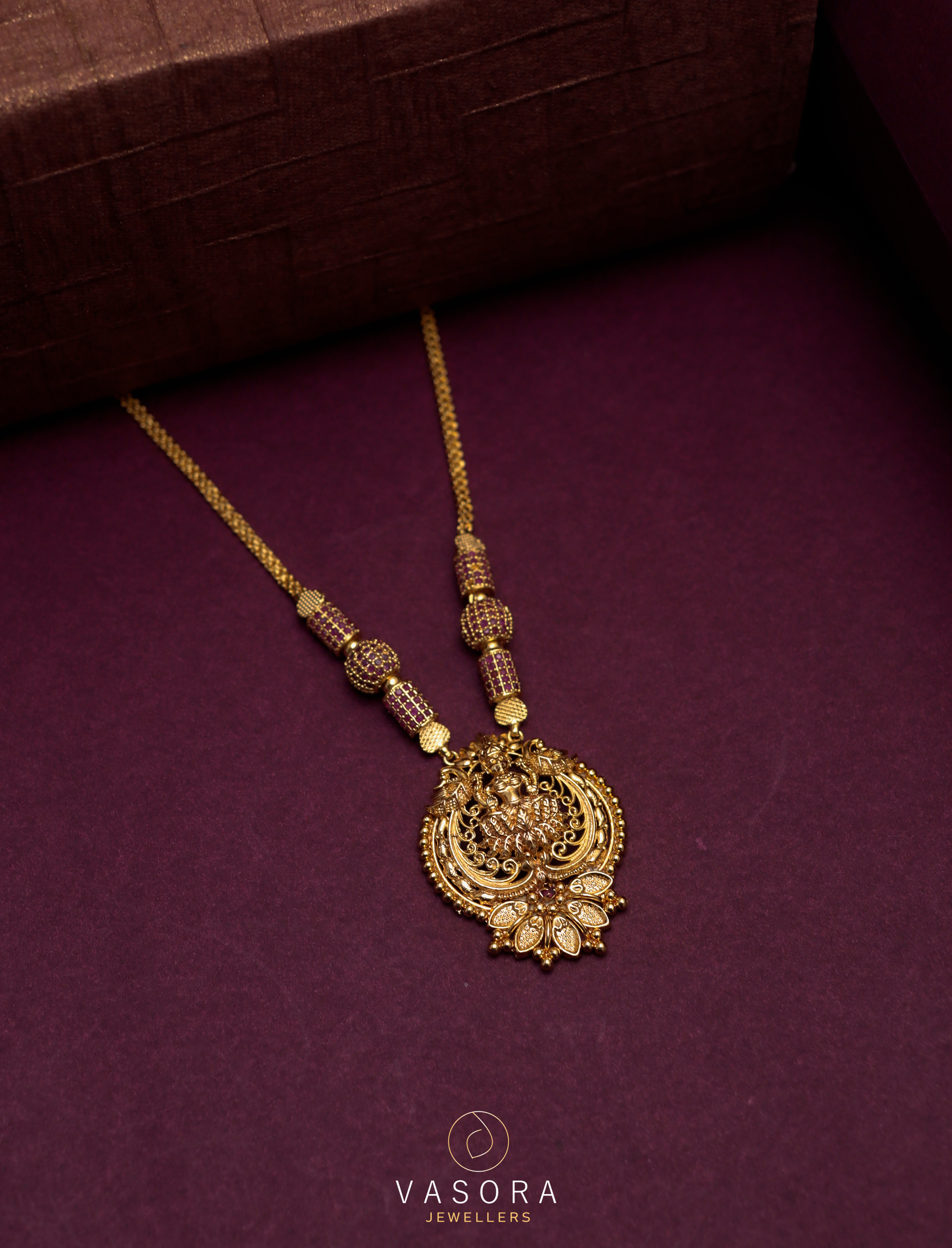 ,Antique Gold Plated Lakshmi Peacock Temple Pendant Necklace