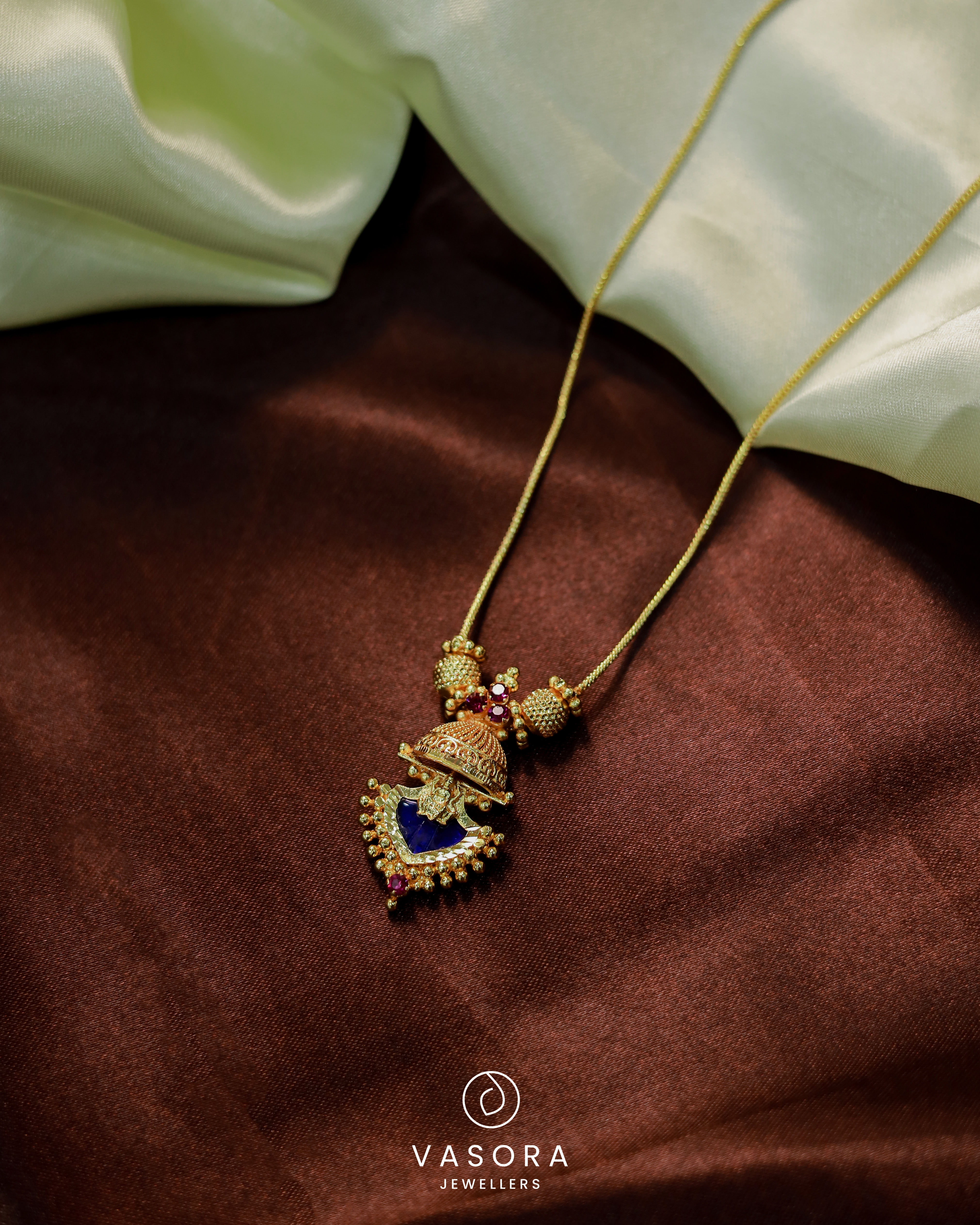 Gold Plated Temple Design palakka  blue Stone Pendant