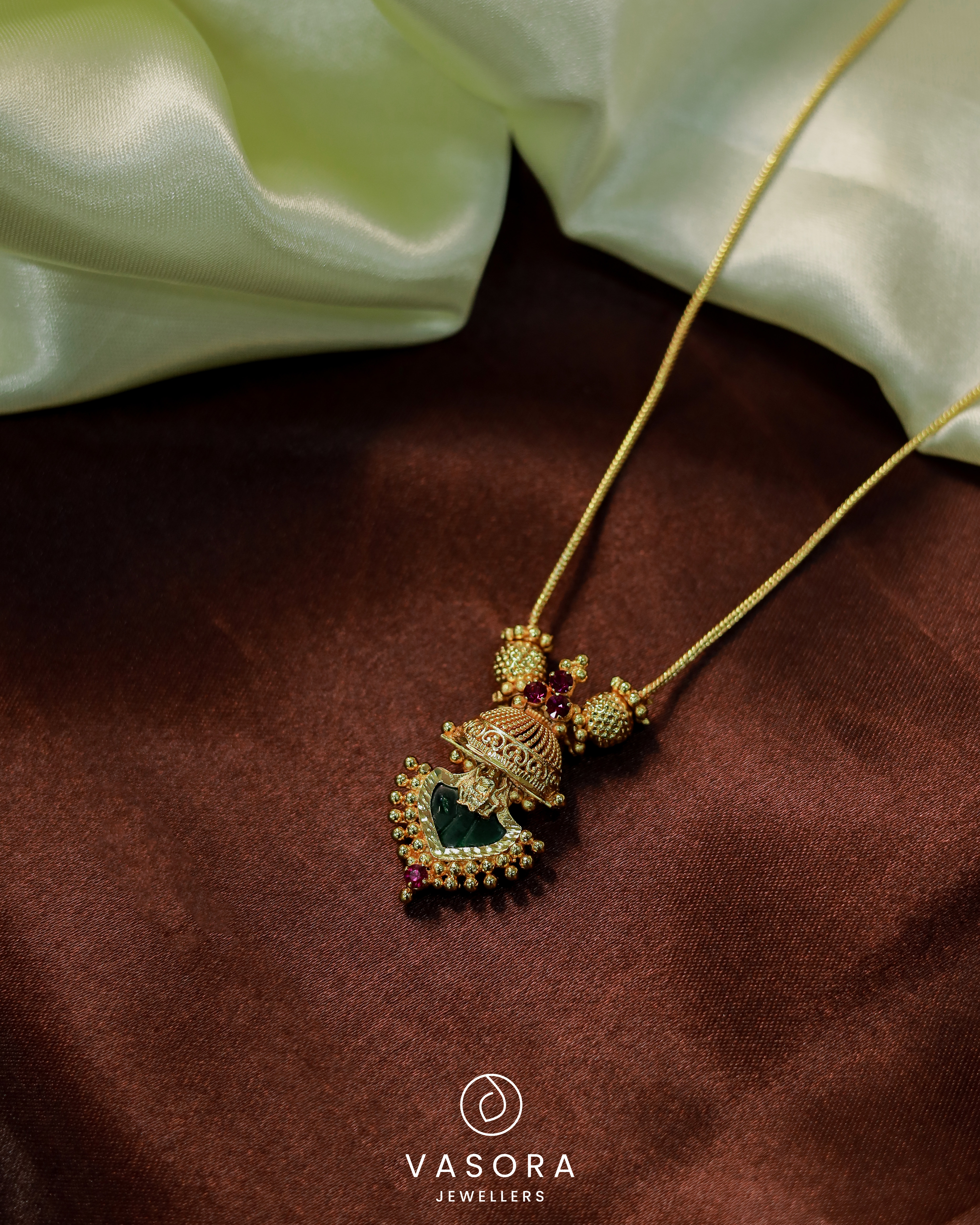 Gold Plated Temple Design palakka Green Stone Pendant