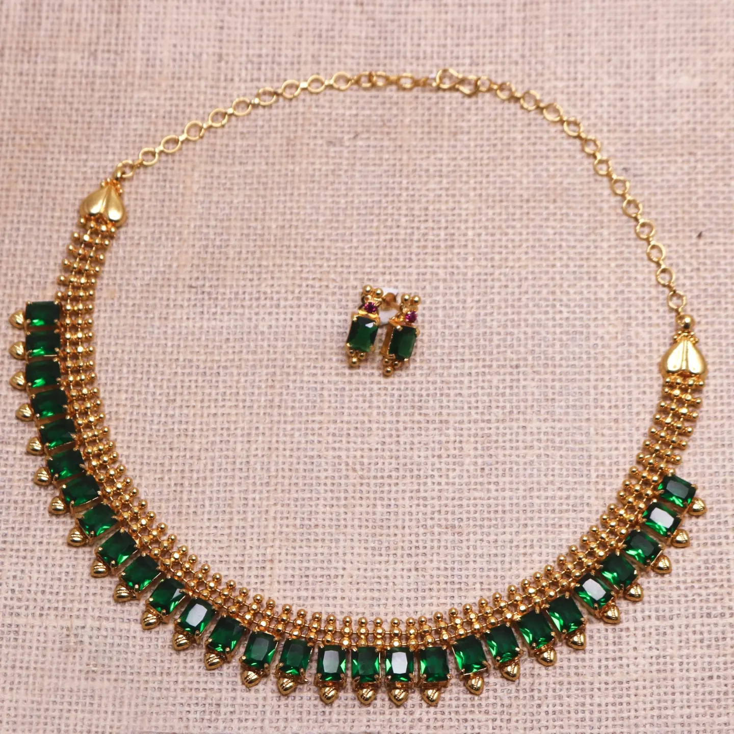 Gold plated green rectangle stone necklace