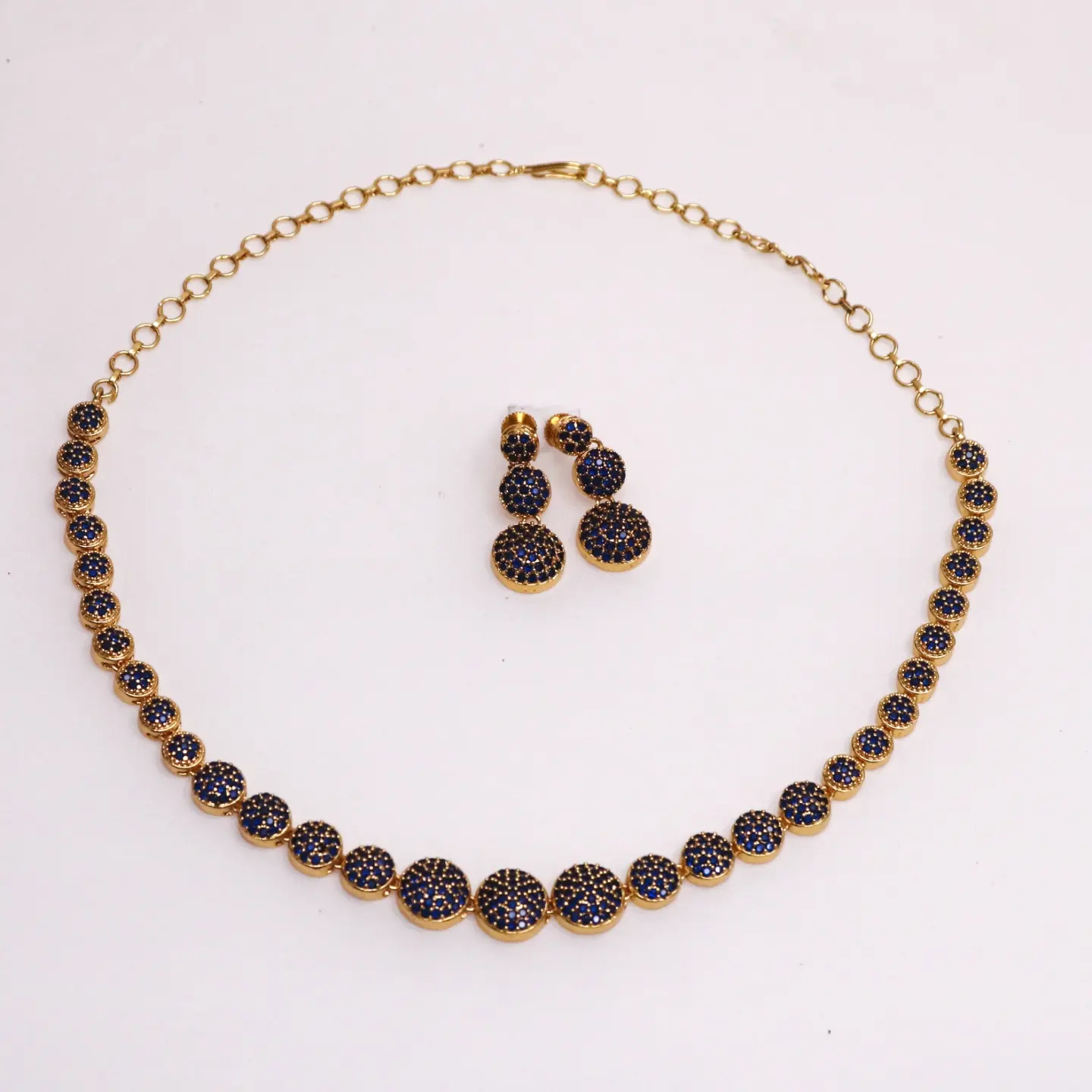 Gold plated blue doumble necklace with three step doumble blue doumble stud