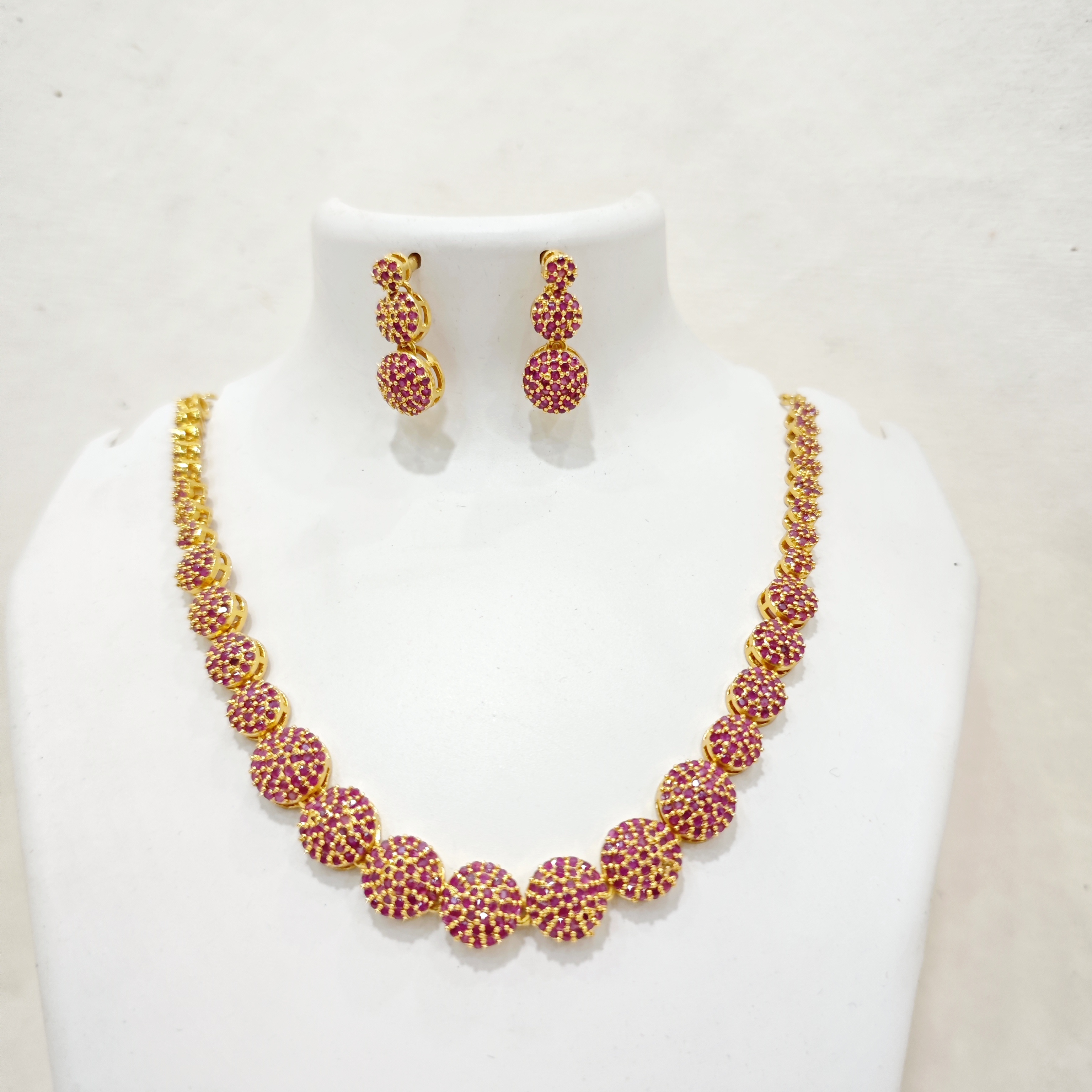 Ruby Red CZ Round Stone Gold-Plated Necklace Set