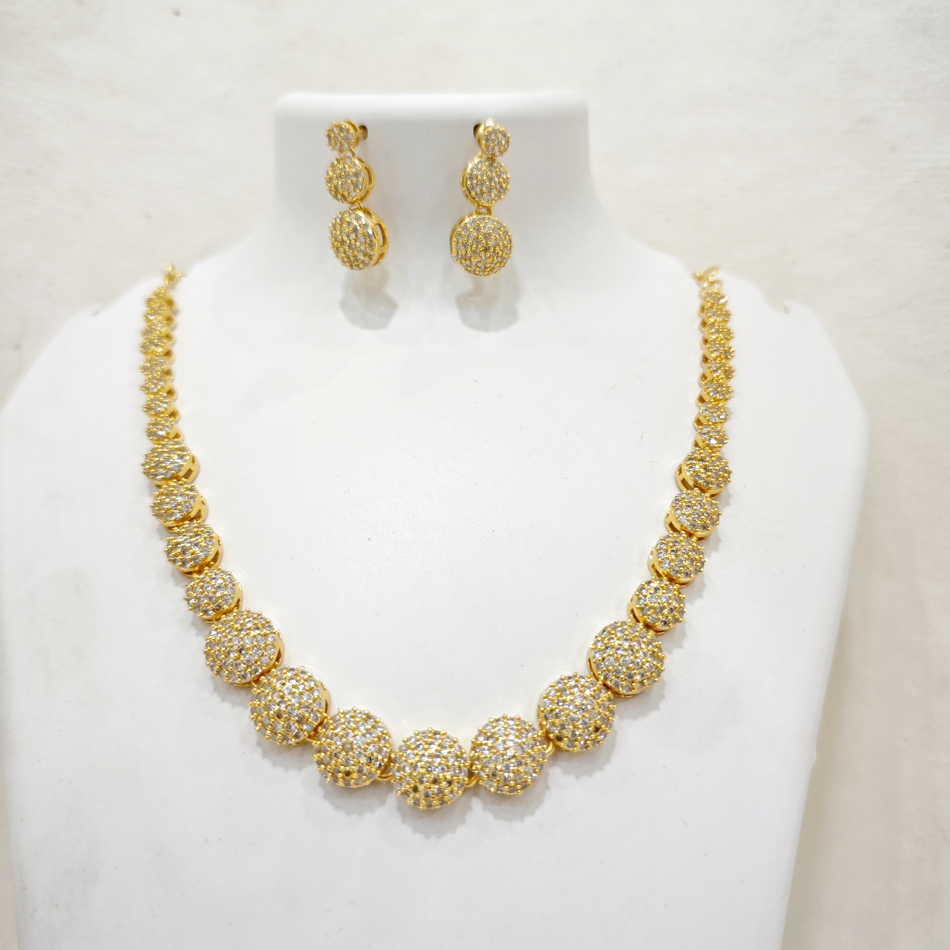 White CZ Round Stone Gold-Plated Necklace Set