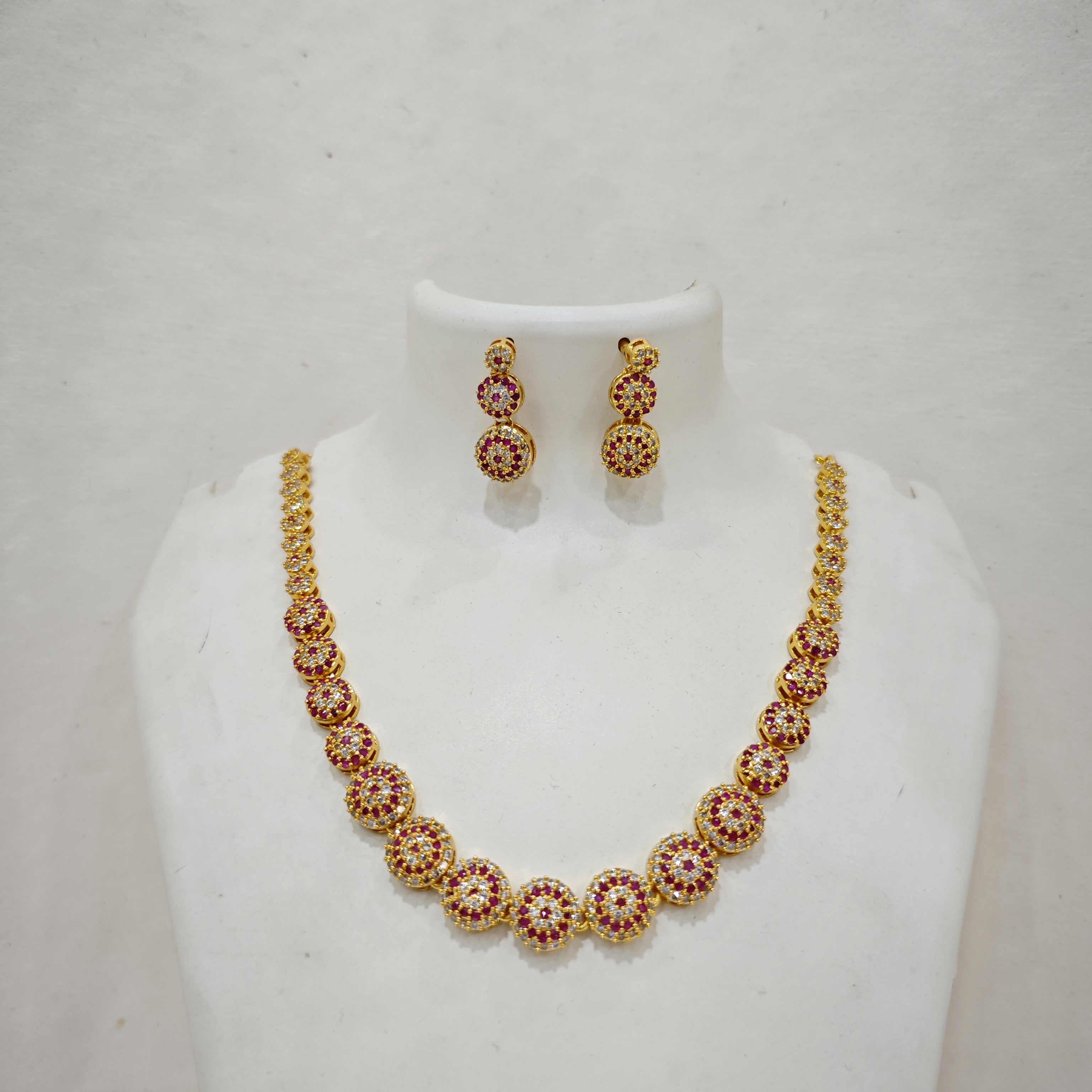 White Ruby CZ Round Stone Gold-Plated Necklace Set