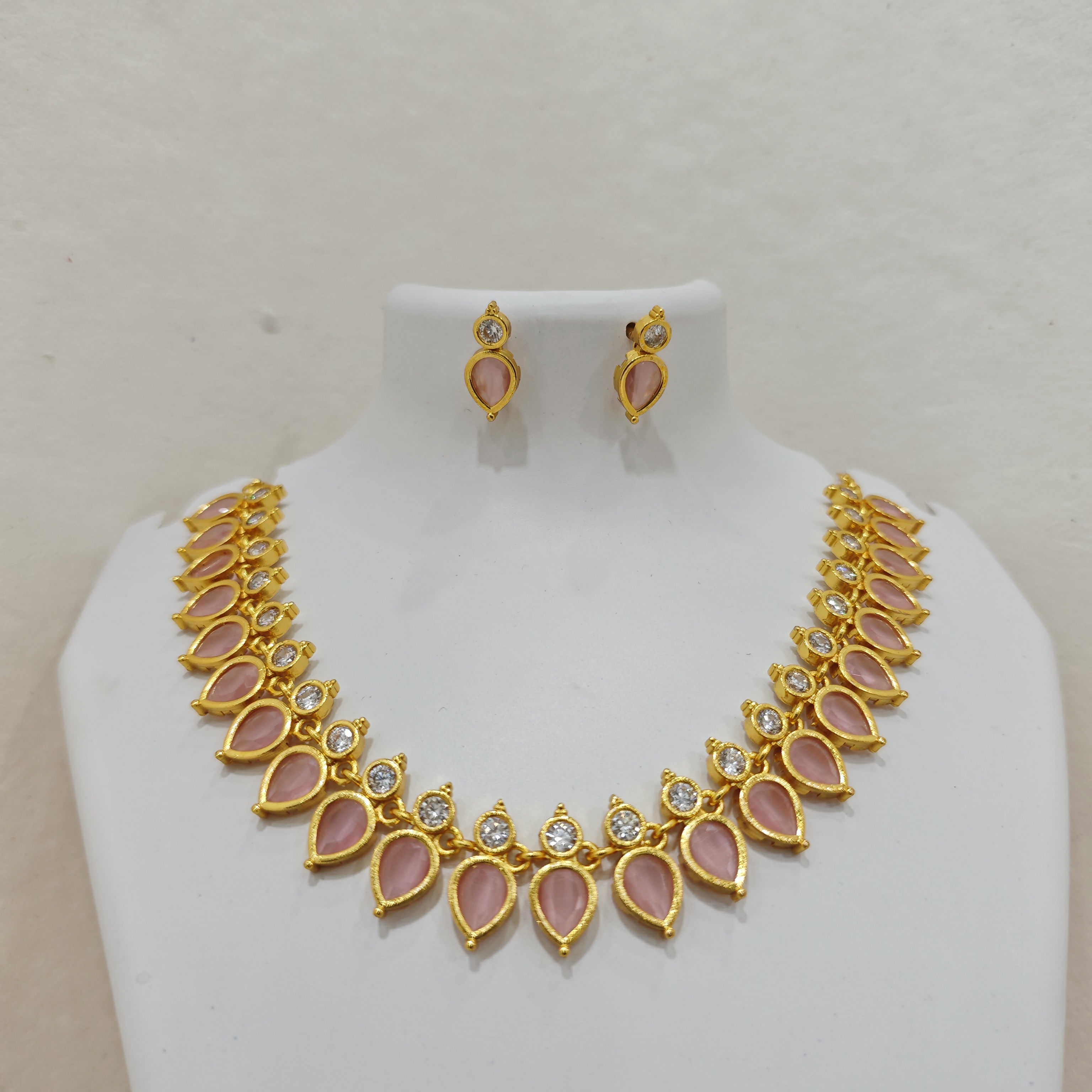 Gold-Plated Pink Drops Design Necklace Set with White Stones