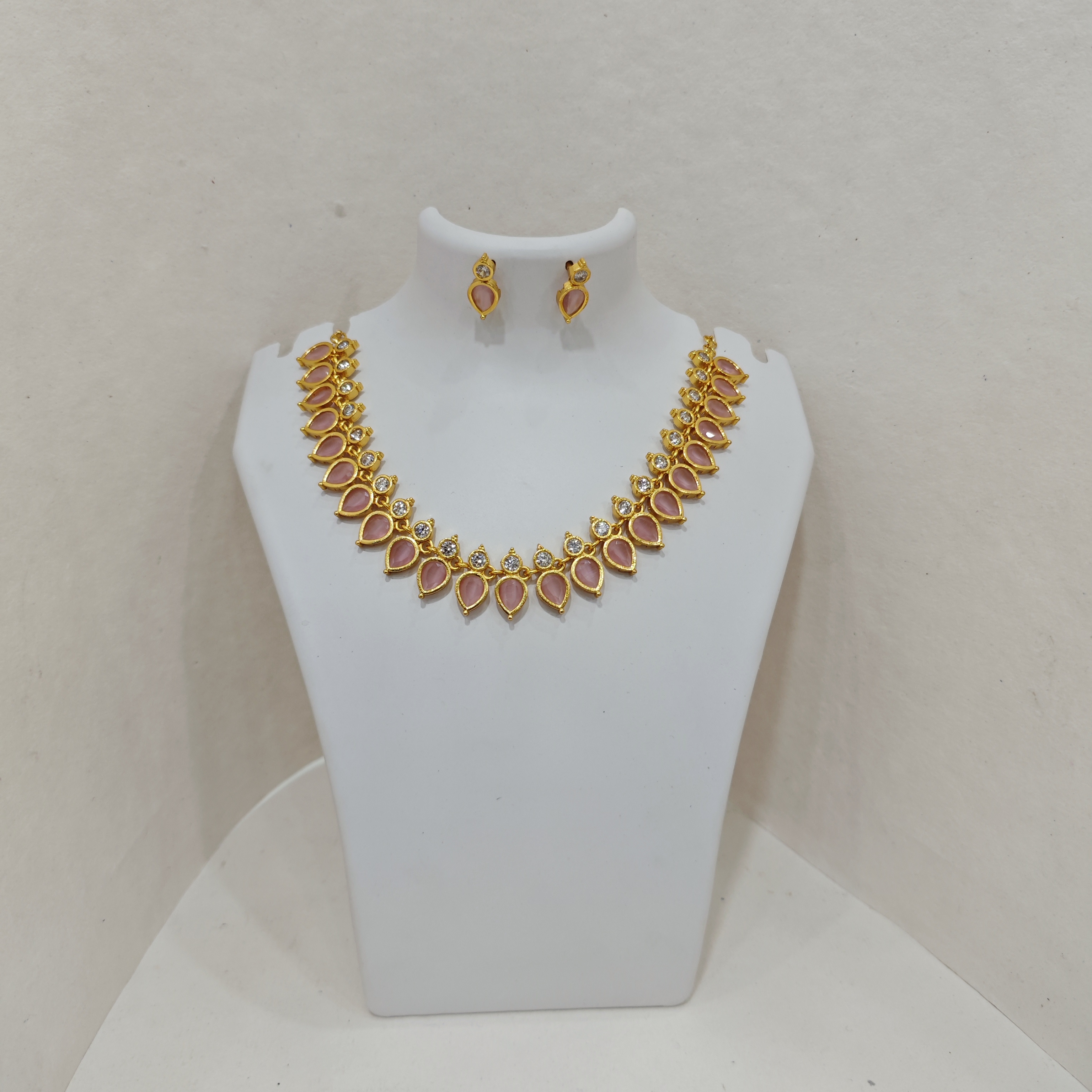 Gold-Plated Pink Drops Design Necklace Set with White Stones