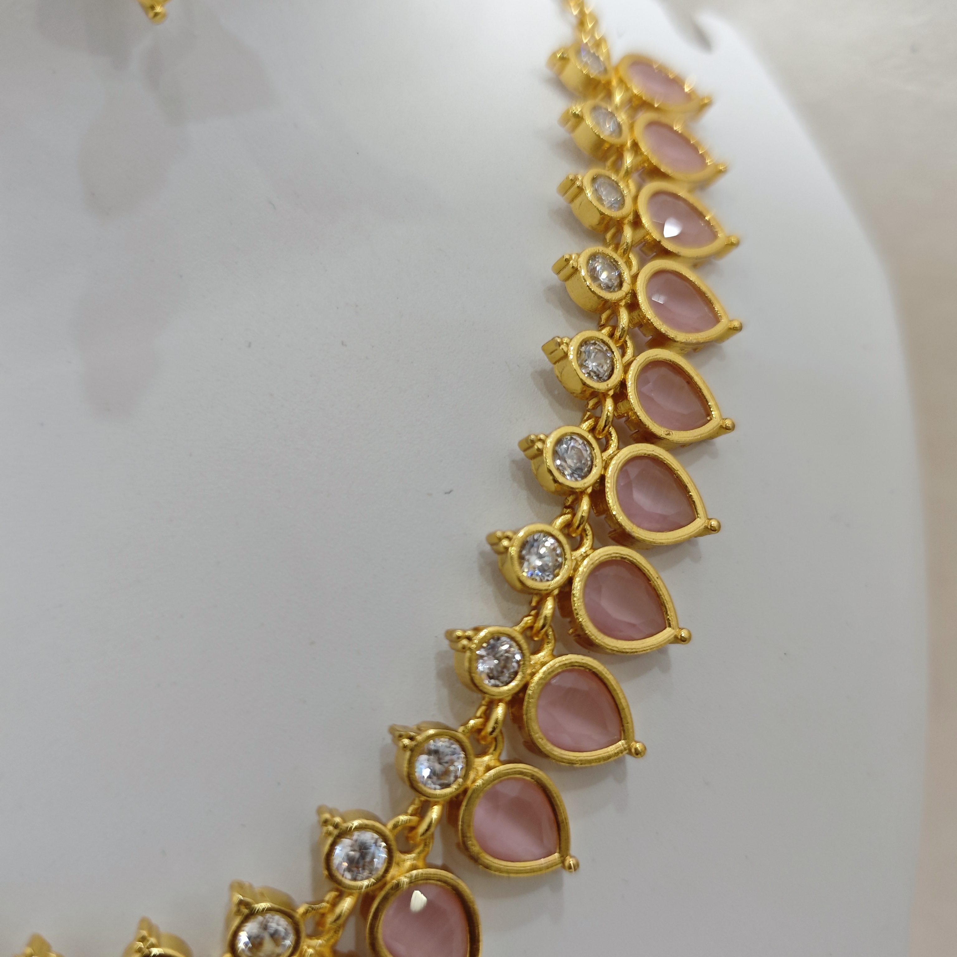 Gold-Plated Pink Drops Design Necklace Set with White Stones