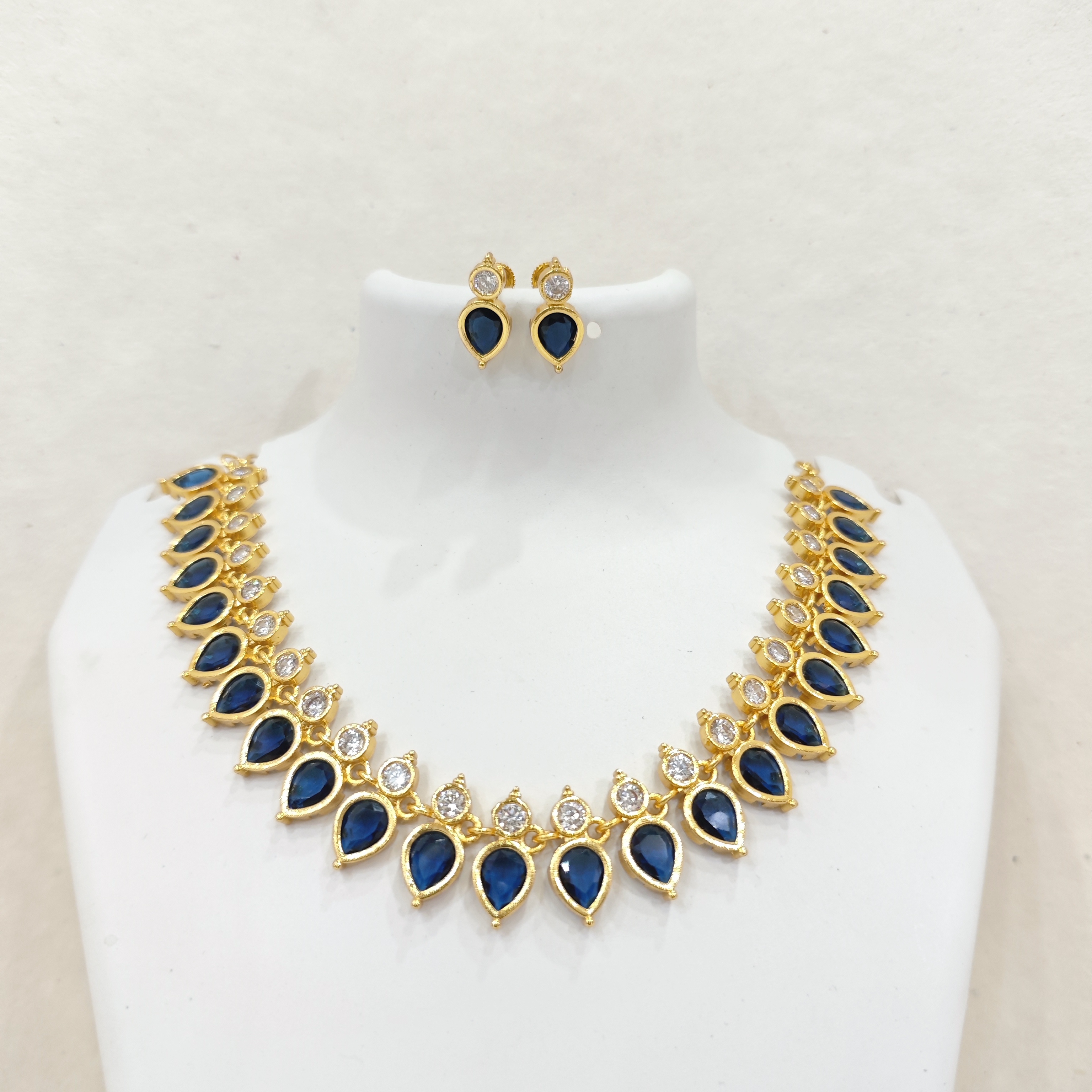 Gold-Plated Blue Drops Necklace Set with White Stones