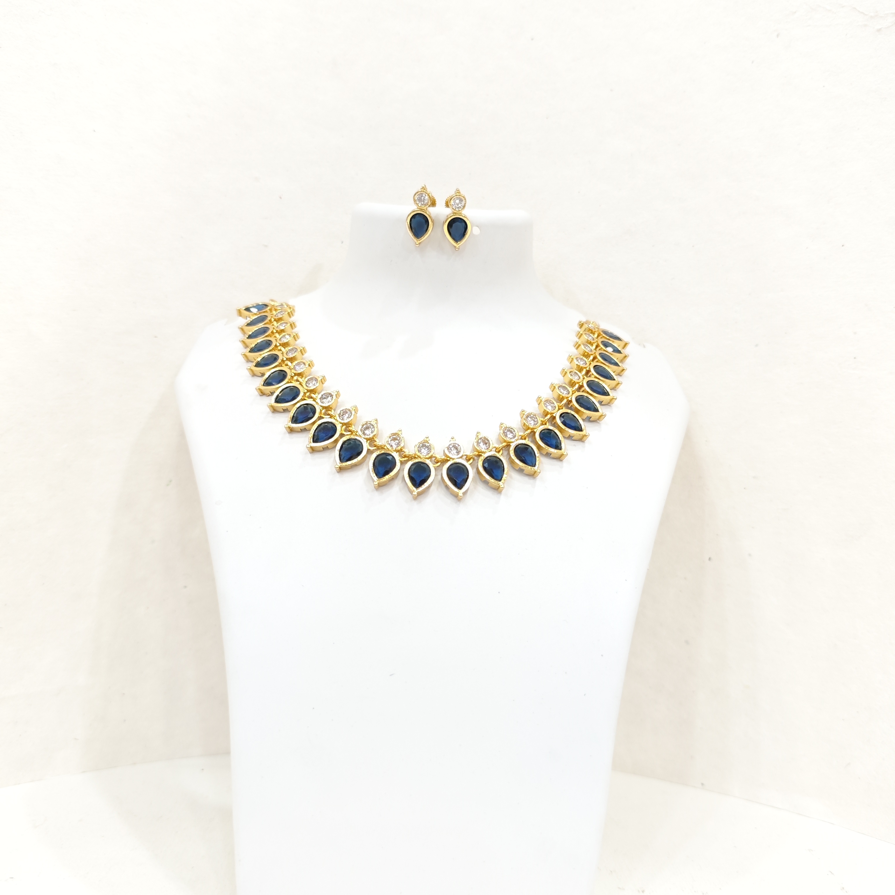 Gold-Plated Blue Drops Necklace Set with White Stones
