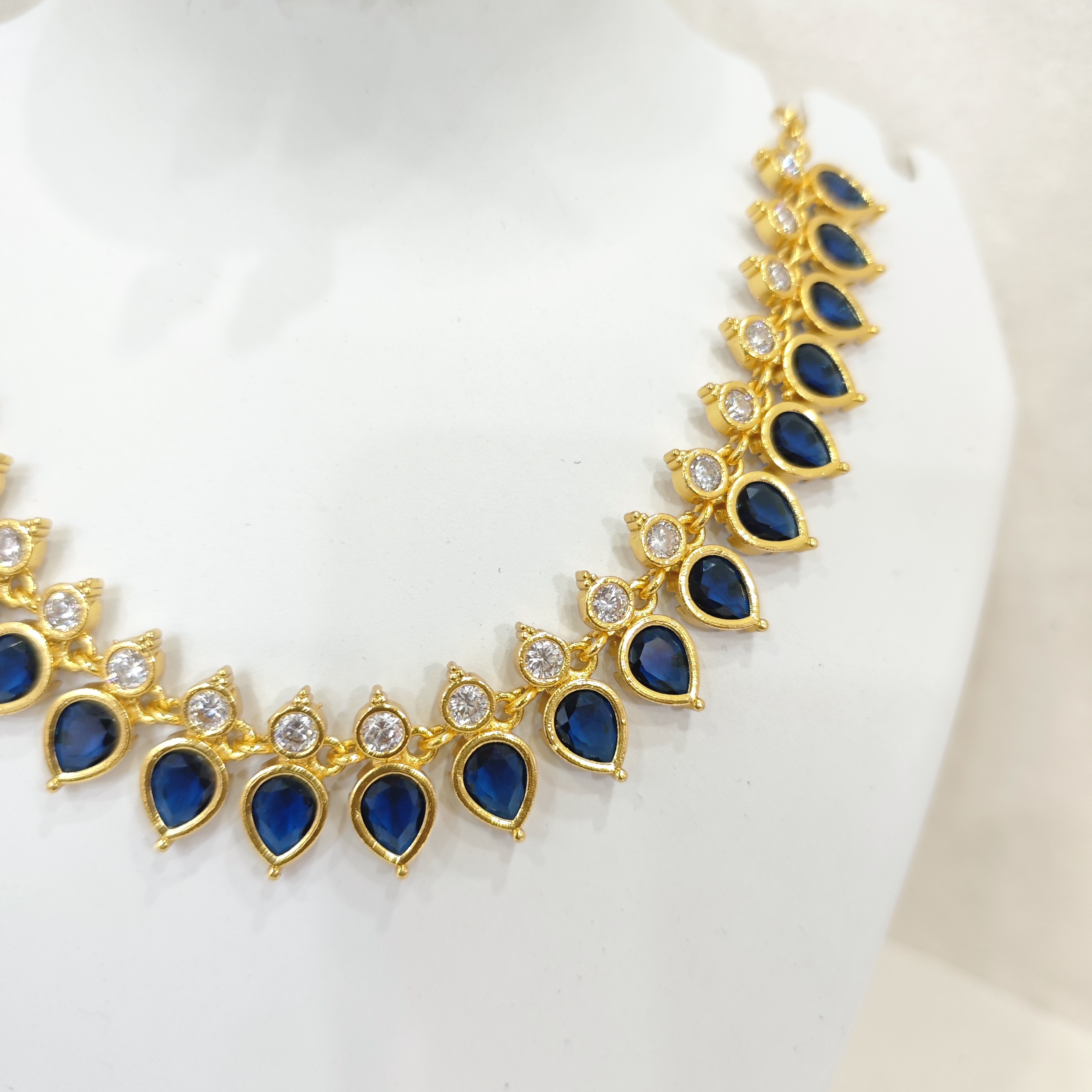 Gold-Plated Blue Drops Necklace Set with White Stones