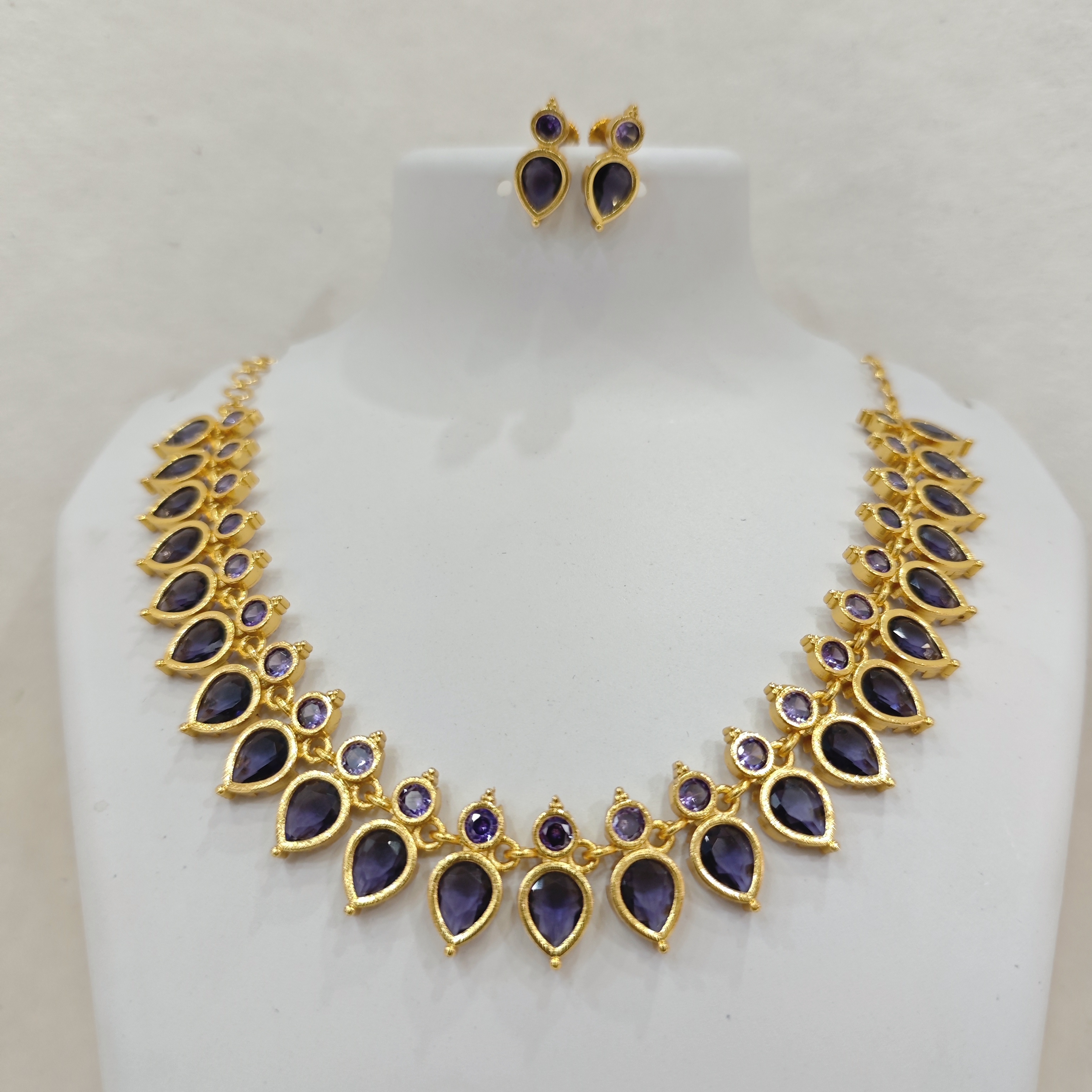 Gold-Plated Purple Drops Necklace Set with Matching Earrings