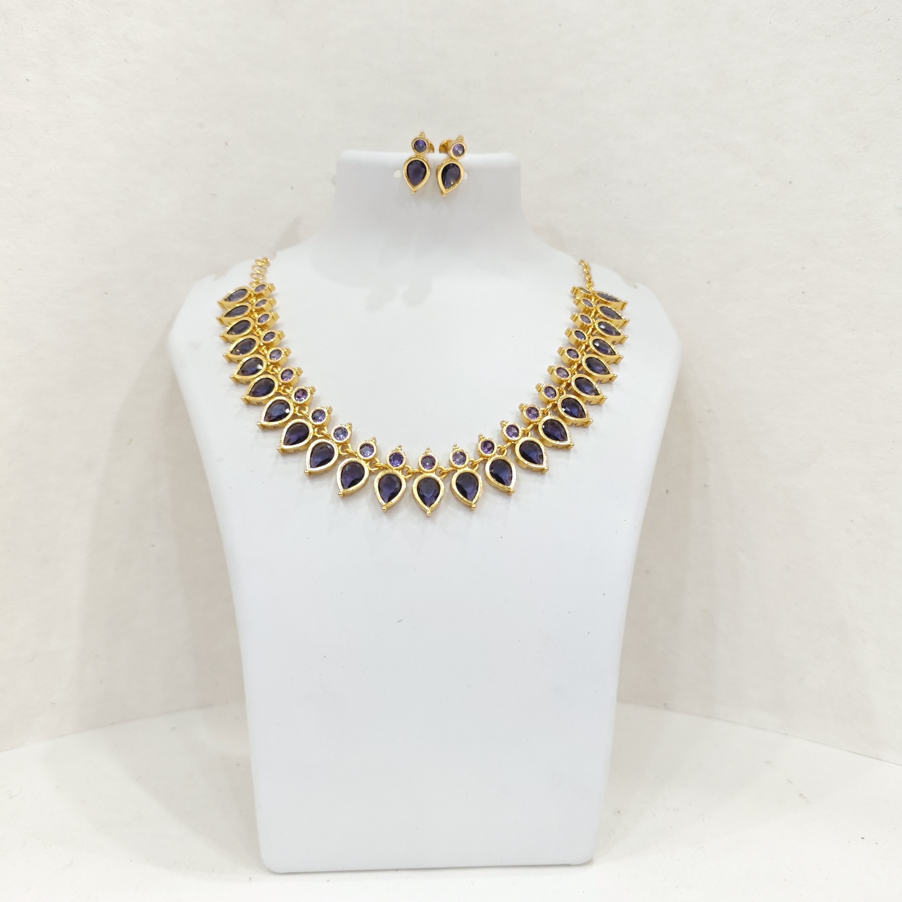 Gold-Plated Purple Drops Necklace Set with Matching Earrings