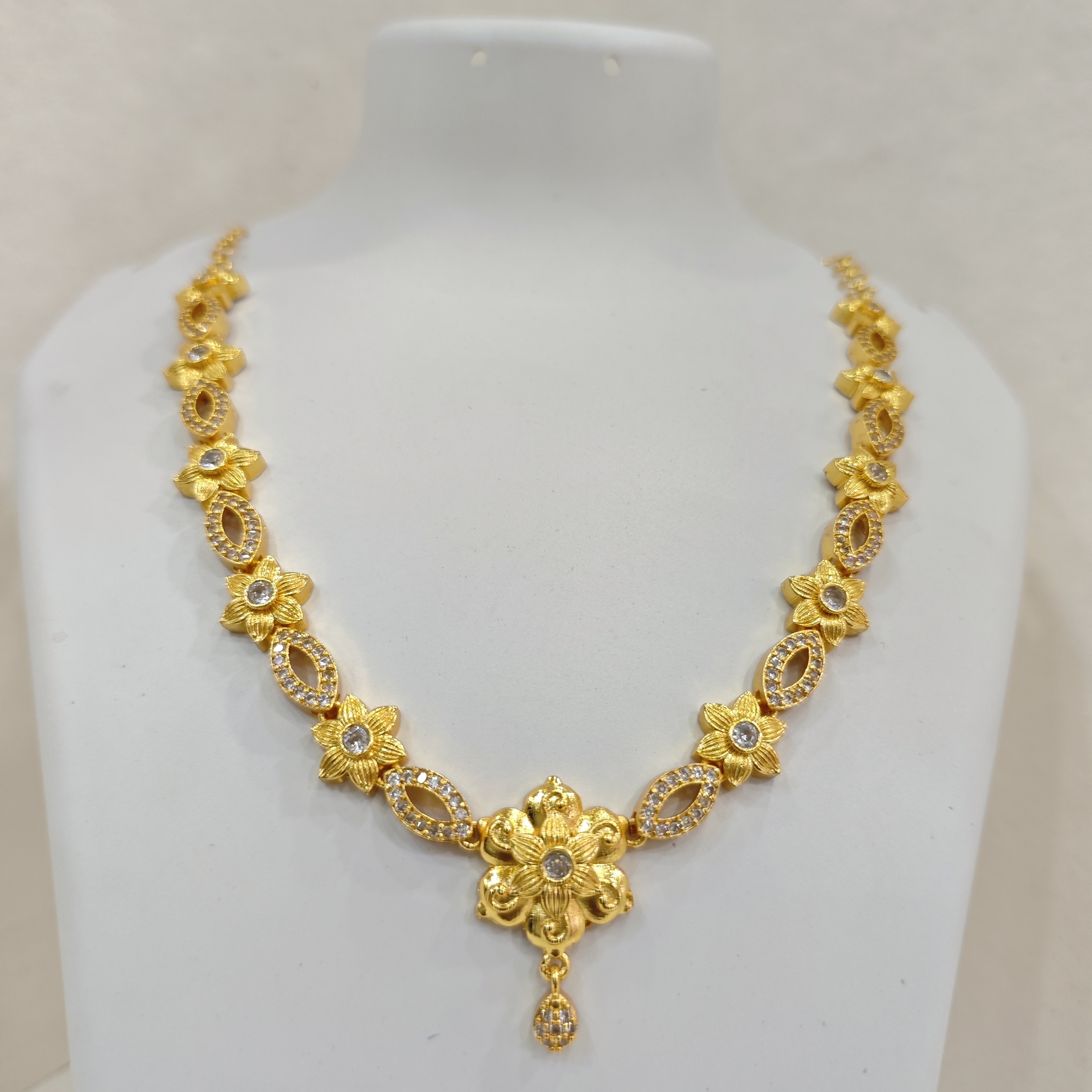 Gold-Plated Floral Necklace Set with White Stones