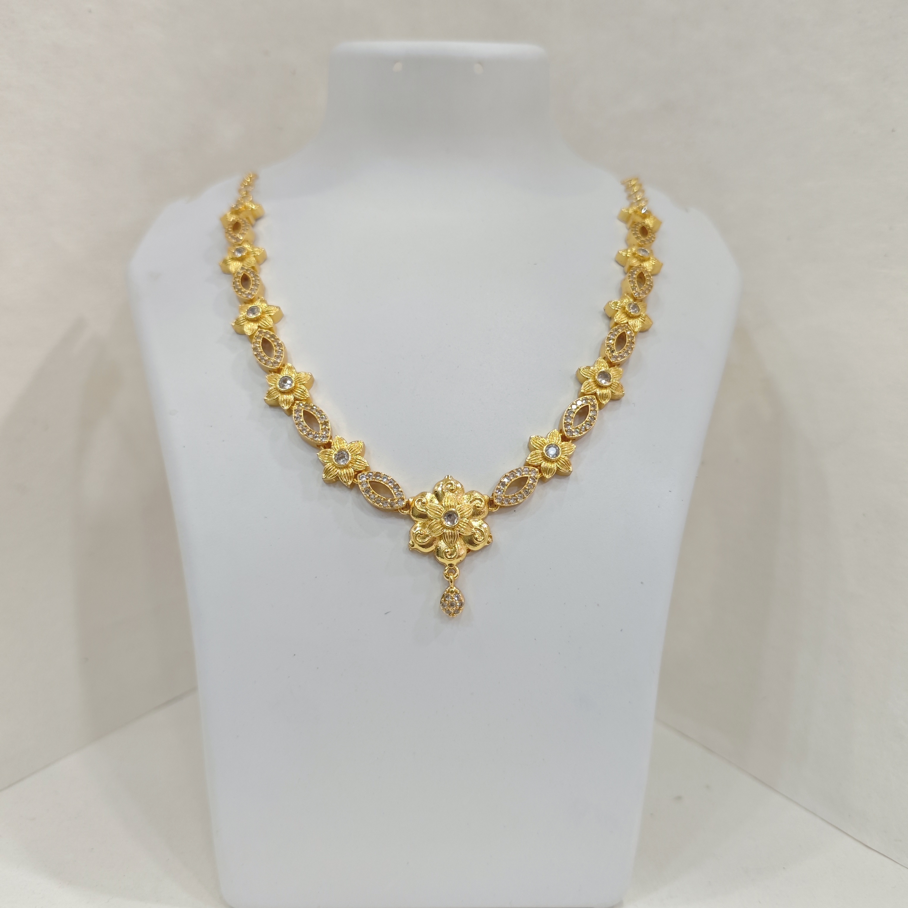 Gold-Plated Floral Necklace Set with White Stones