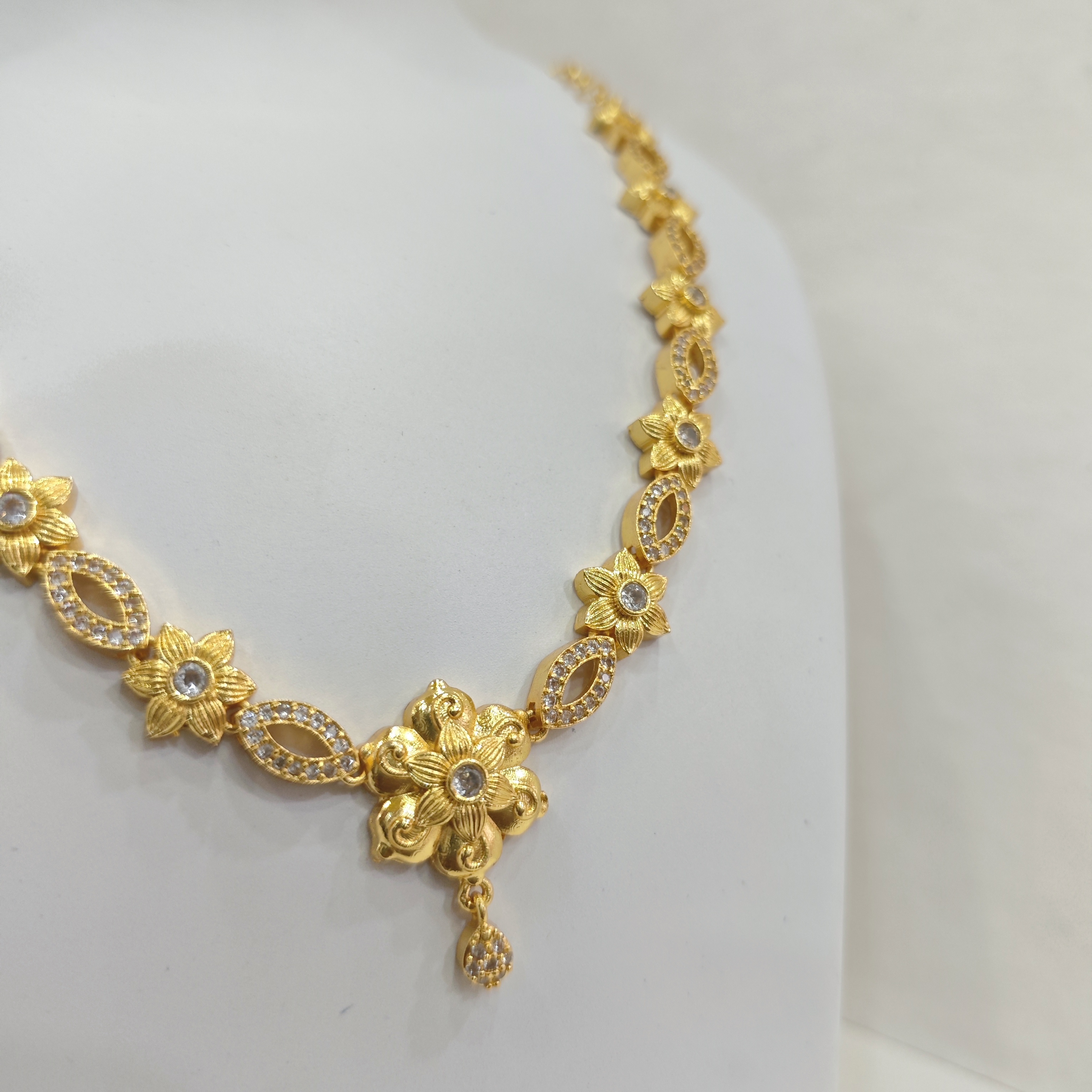 Gold-Plated Floral Necklace Set with White Stones