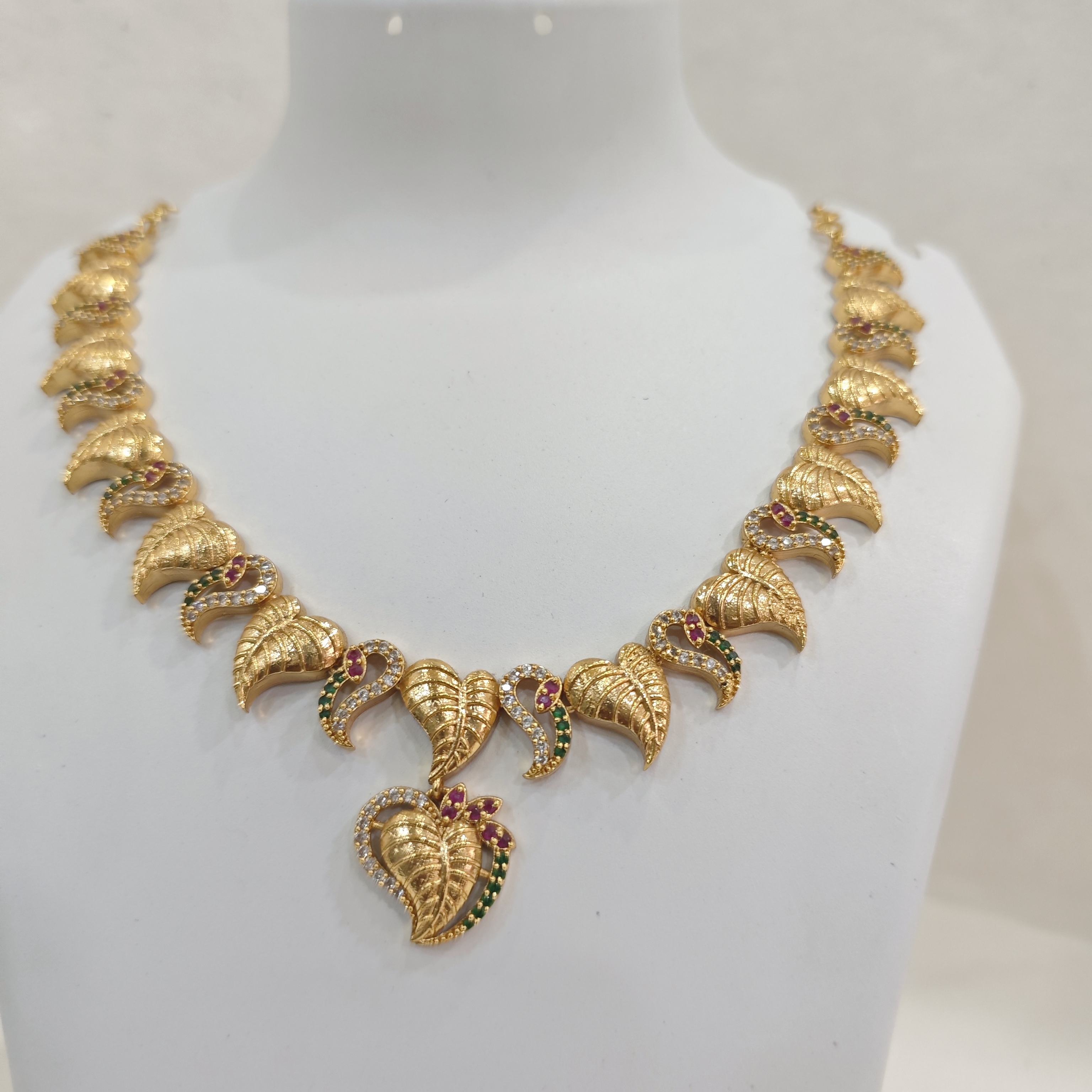 Gold-Plated Leaf Design Necklace Set with Multicolor Stones