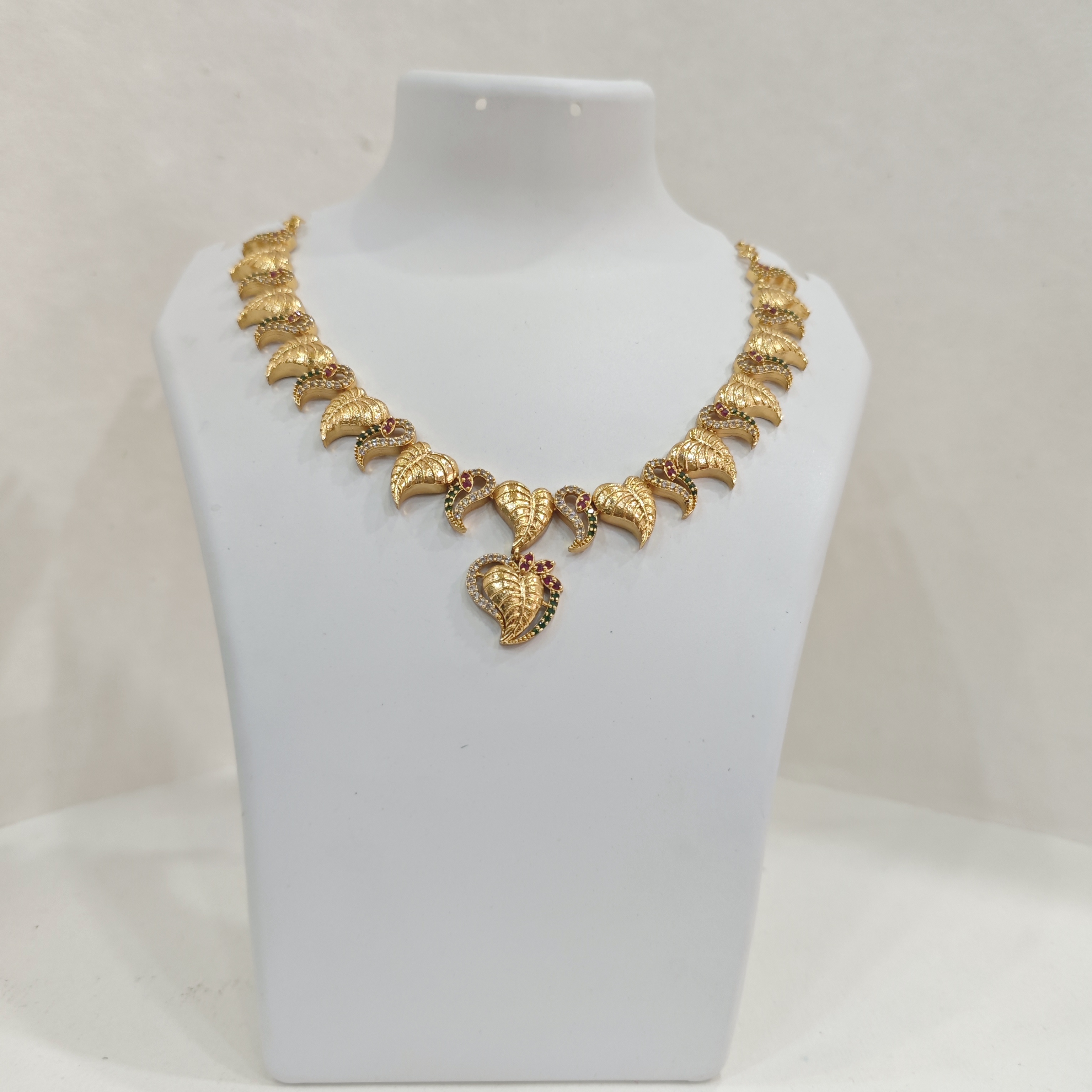 Gold-Plated Leaf Design Necklace Set with Multicolor Stones