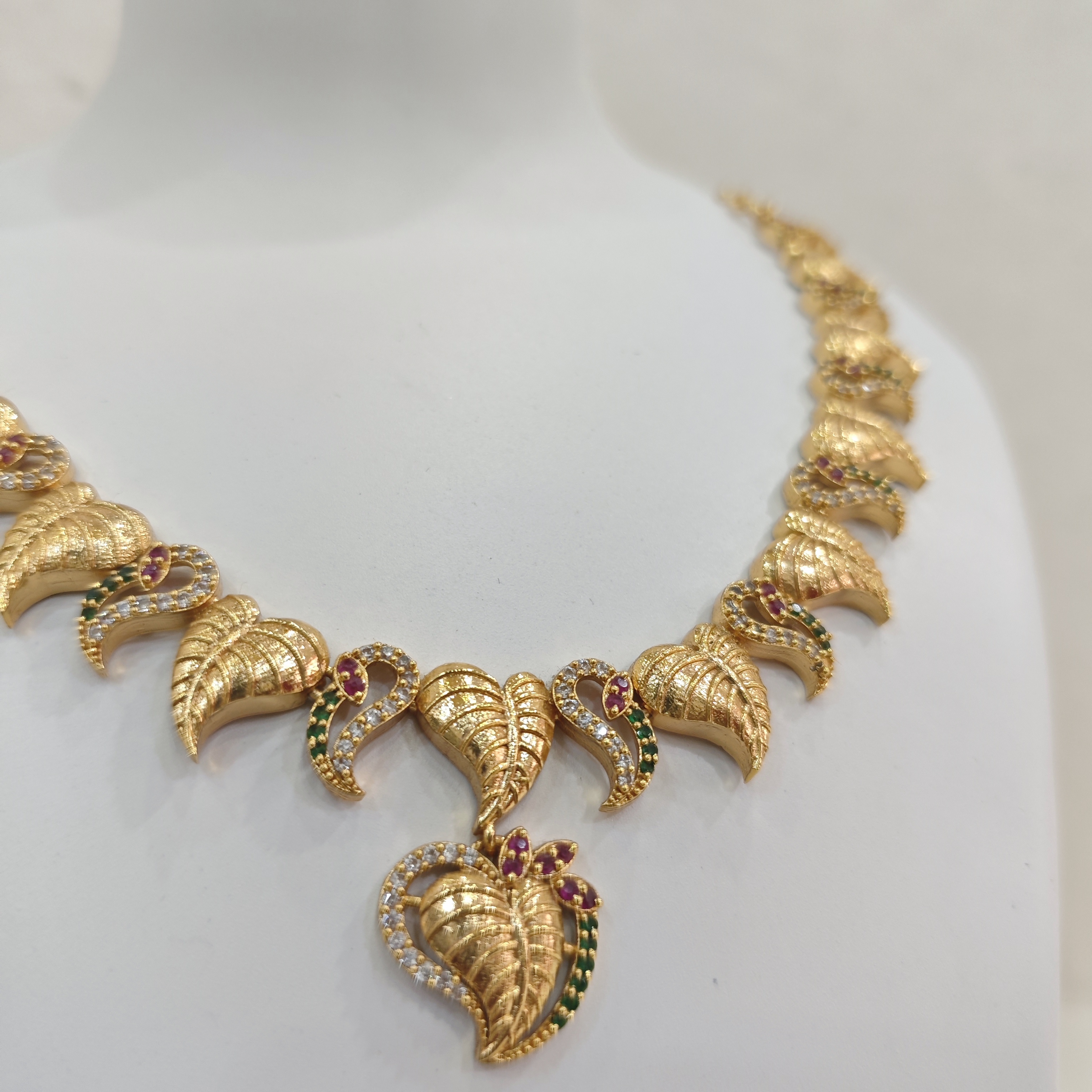Gold-Plated Leaf Design Necklace Set with Multicolor Stones