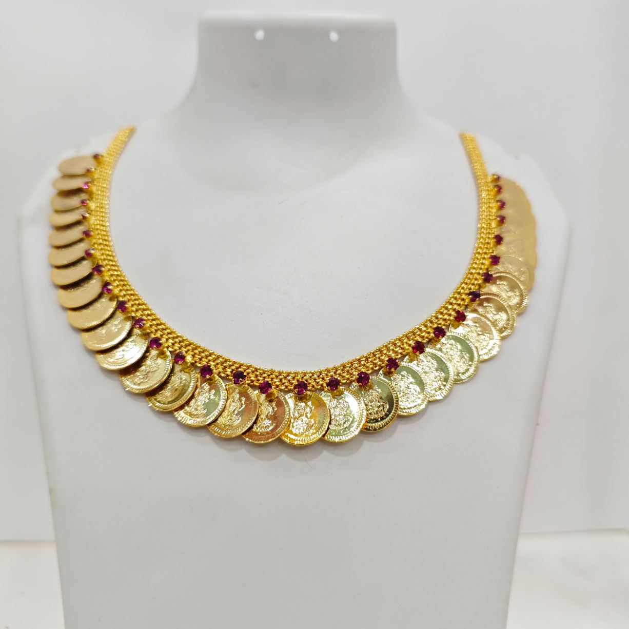 Traditional Double Layer Kasu Mala Necklace with Ruby Stone Highlights