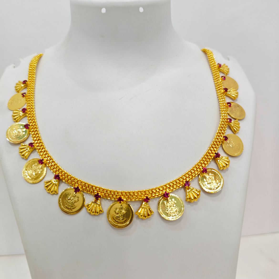 Shell Design Kasu Mala Necklace with Ruby Stone Accents