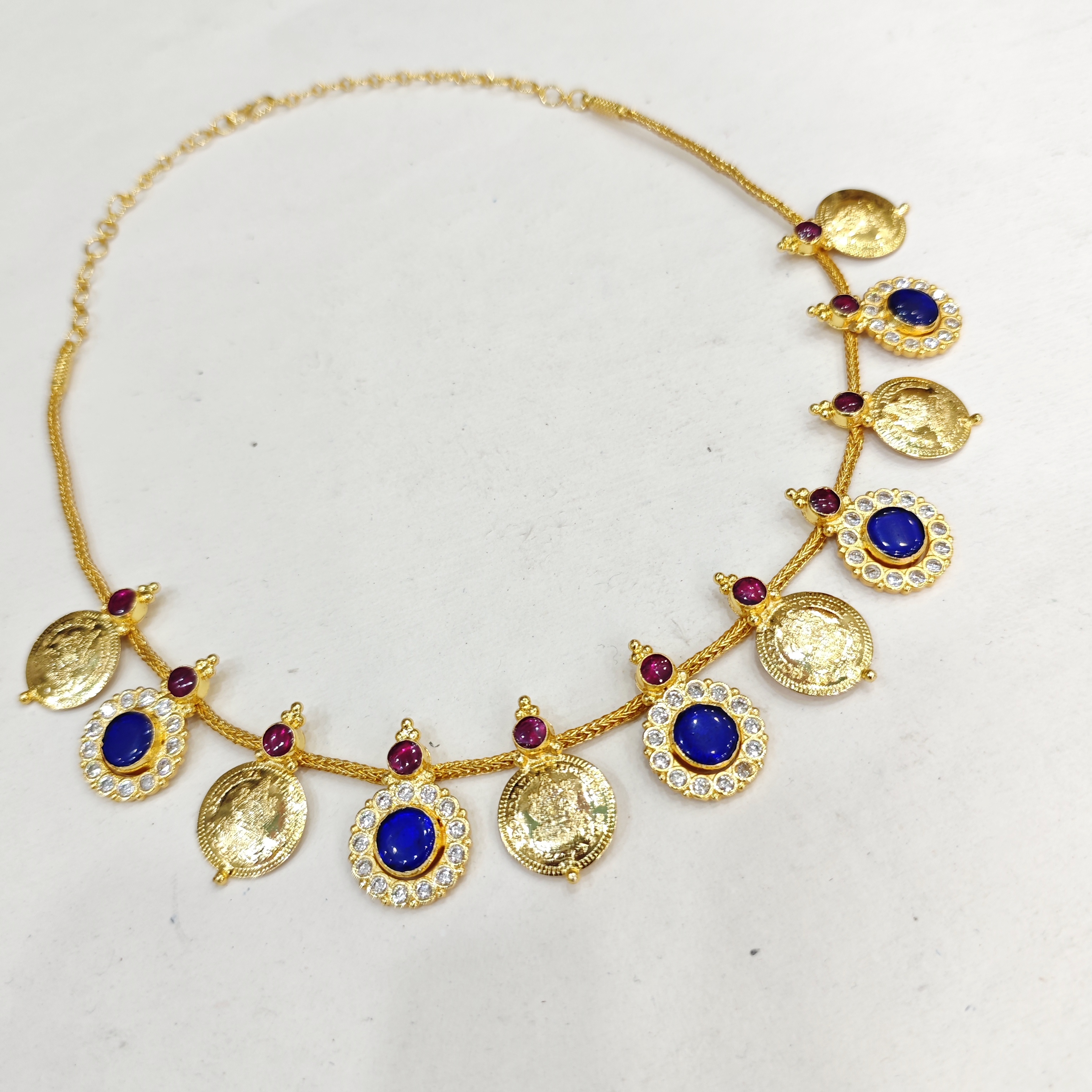 Blue Stone Kasu Mala Necklace with CZ and Ruby Detailing