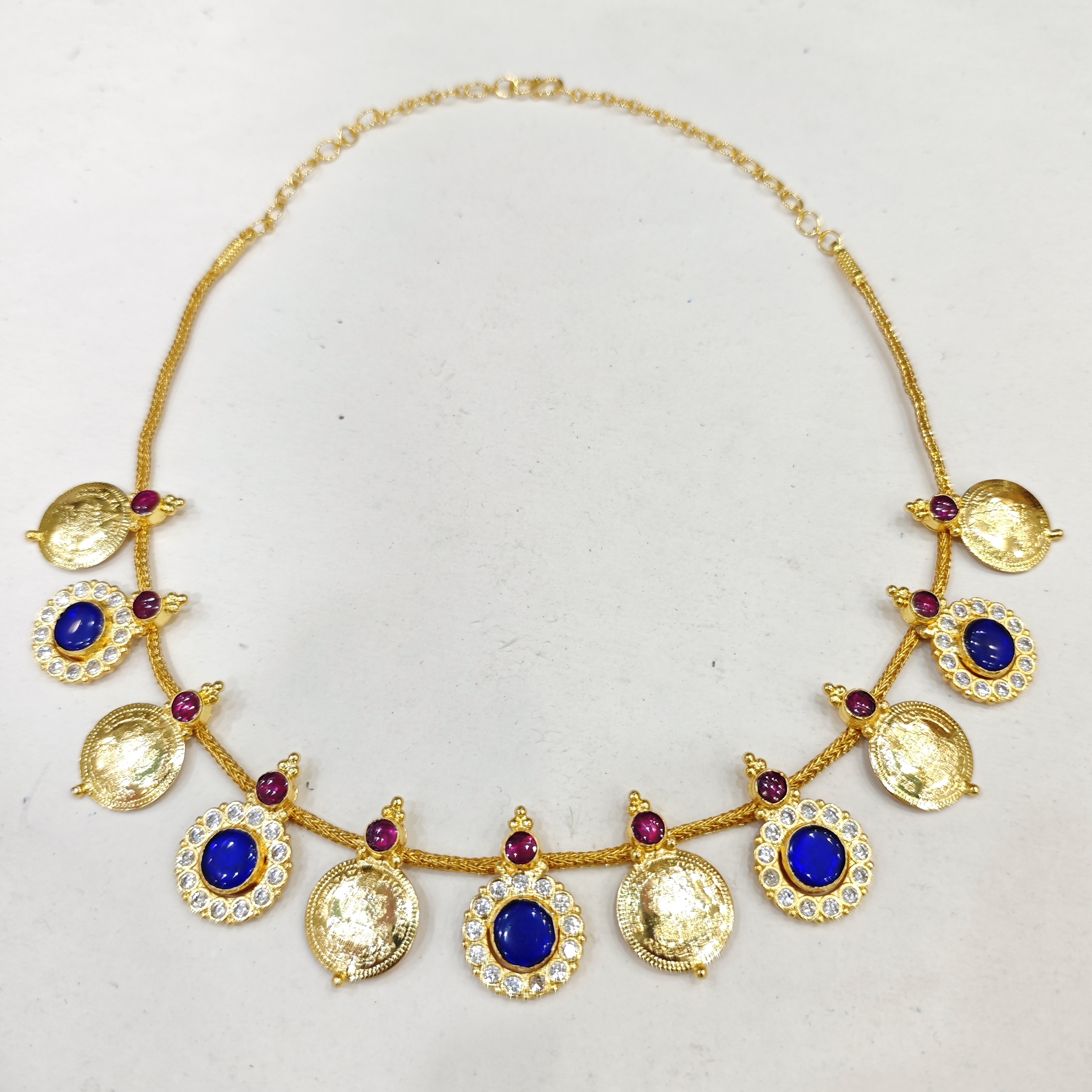 Blue Stone Kasu Mala Necklace with CZ and Ruby Detailing