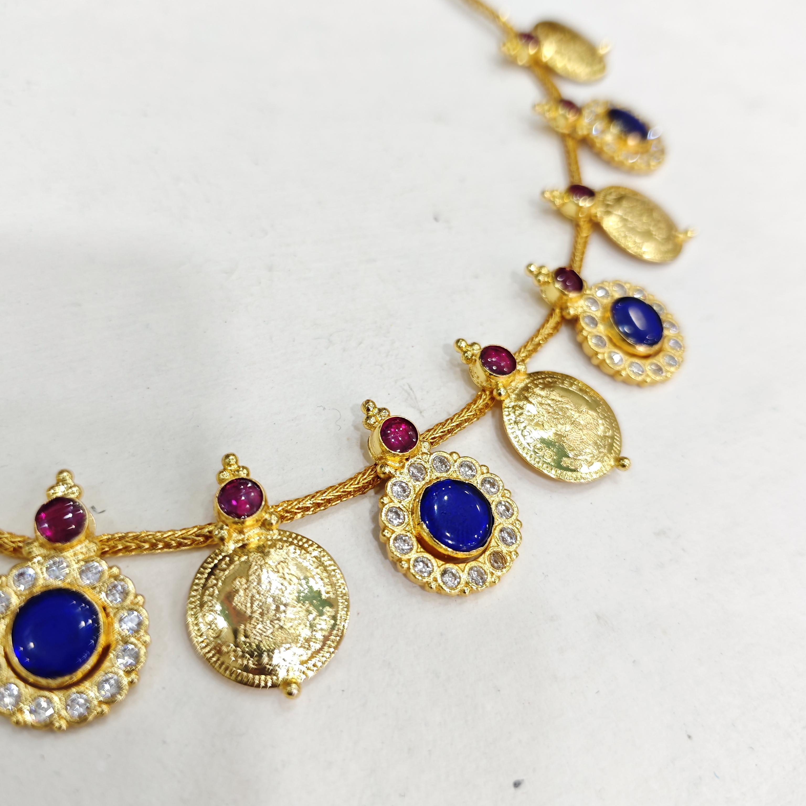 Blue Stone Kasu Mala Necklace with CZ and Ruby Detailing