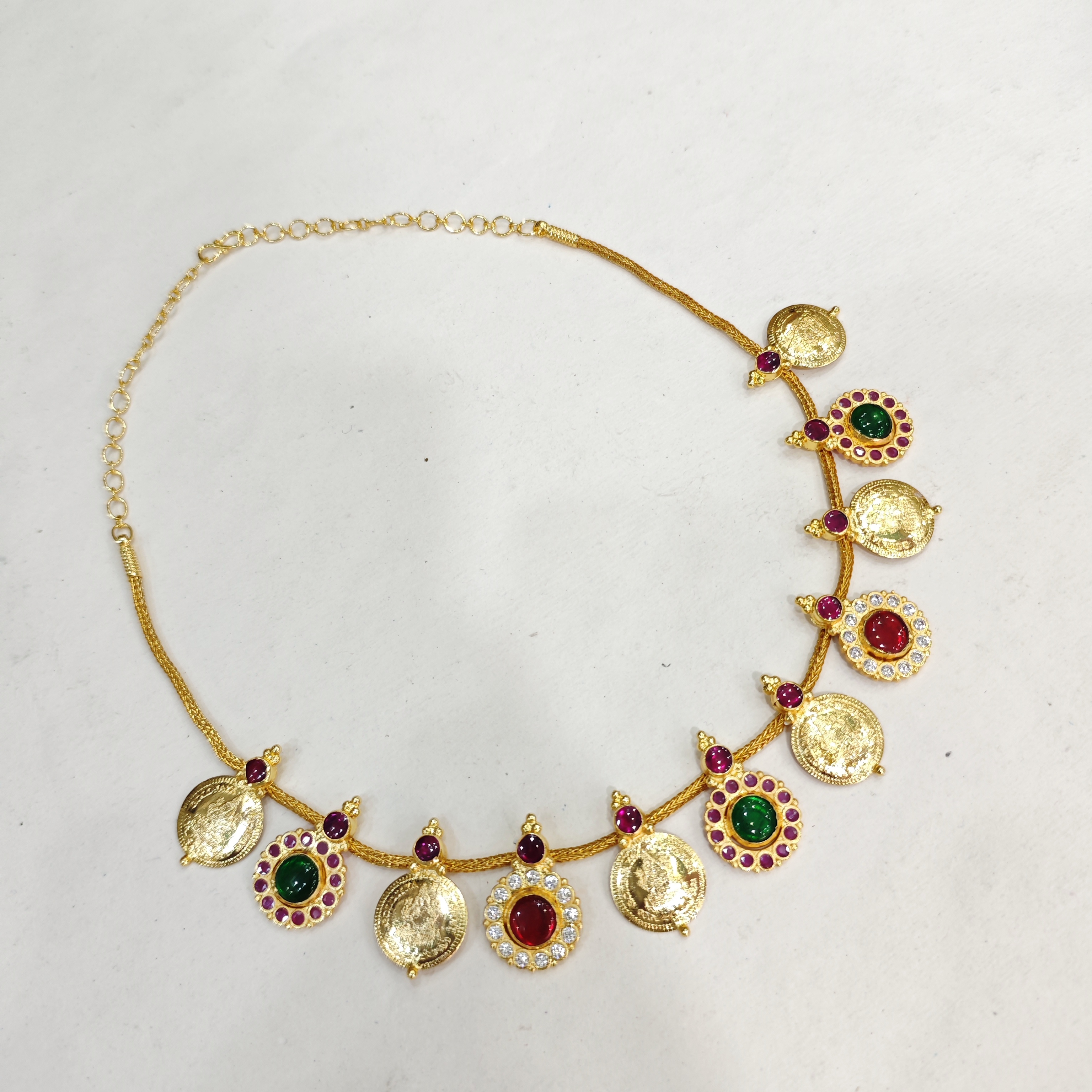 Multicolor Stone Kasu Mala Necklace with Green & Red Accents