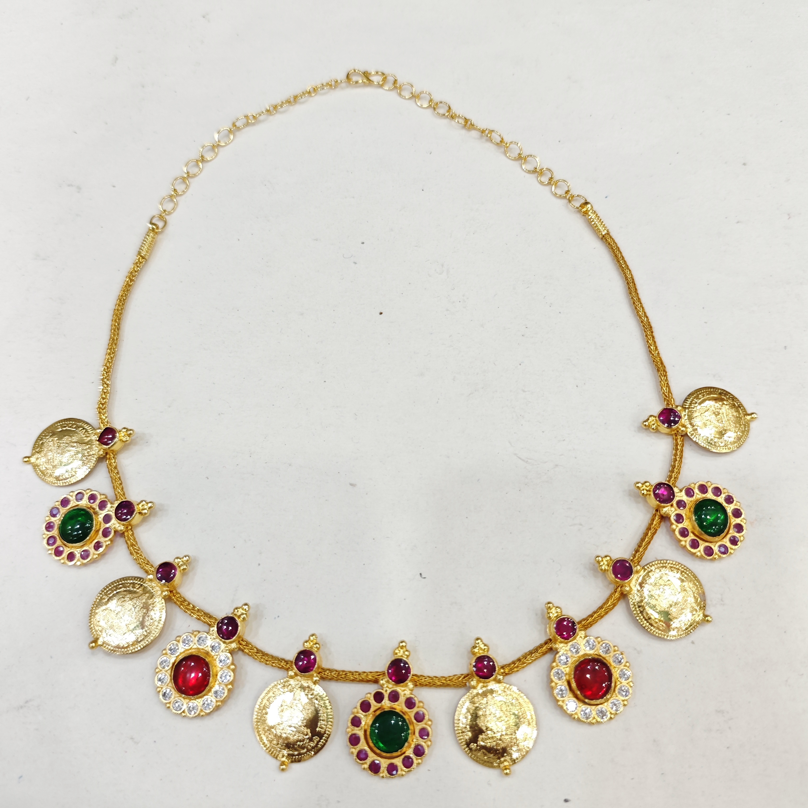 Multicolor Stone Kasu Mala Necklace with Green & Red Accents