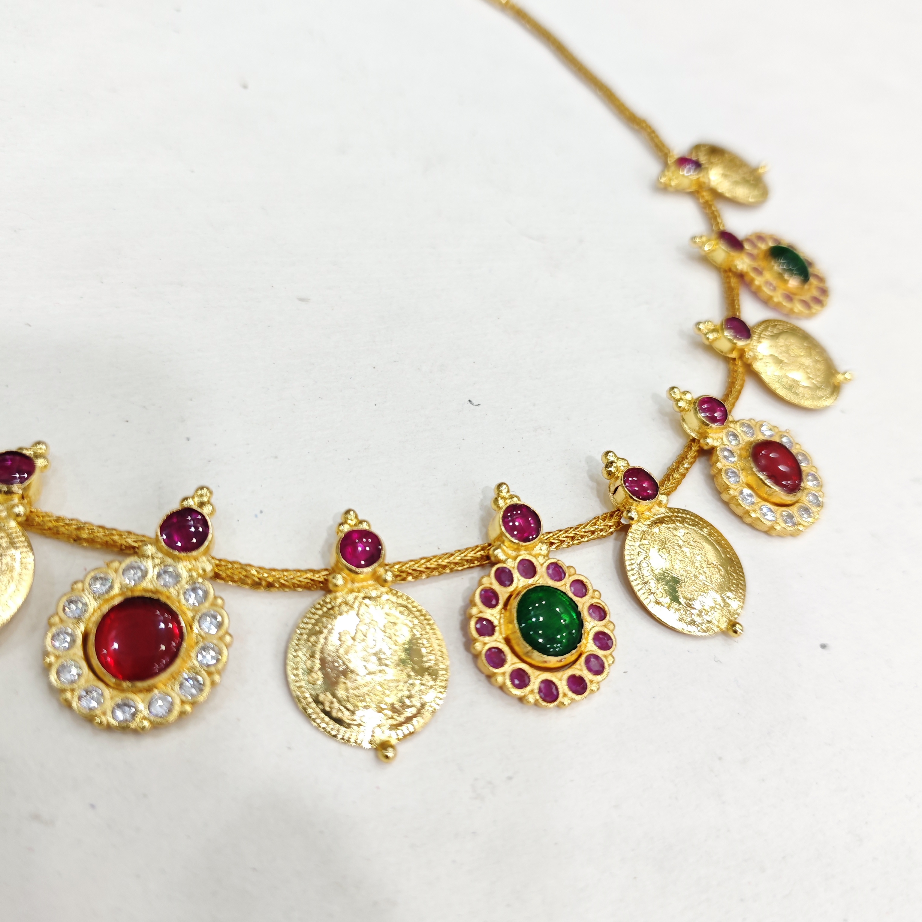 Multicolor Stone Kasu Mala Necklace with Green & Red Accents
