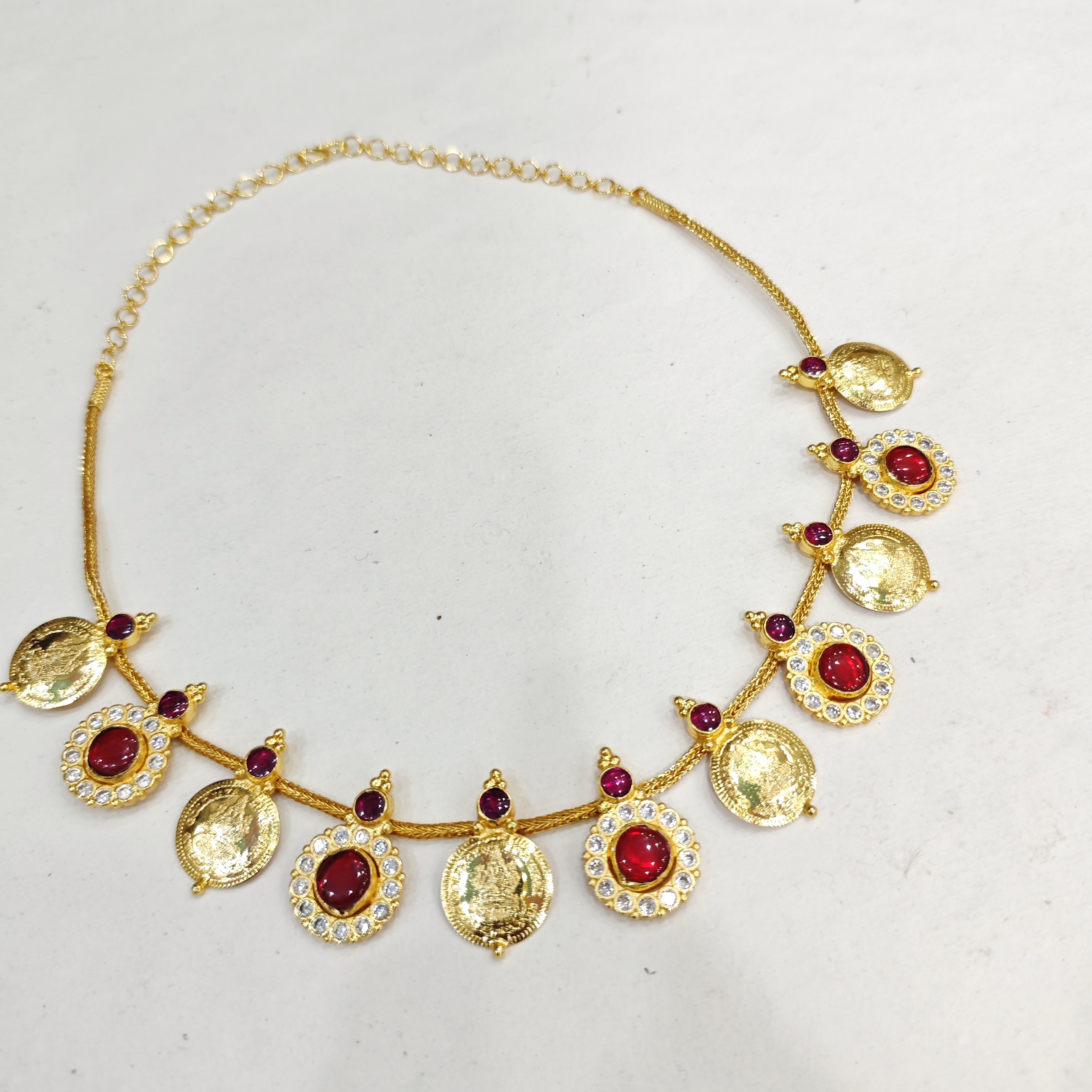 Red Stone Kasu Mala Necklace with CZ and Gold Coin Detailing