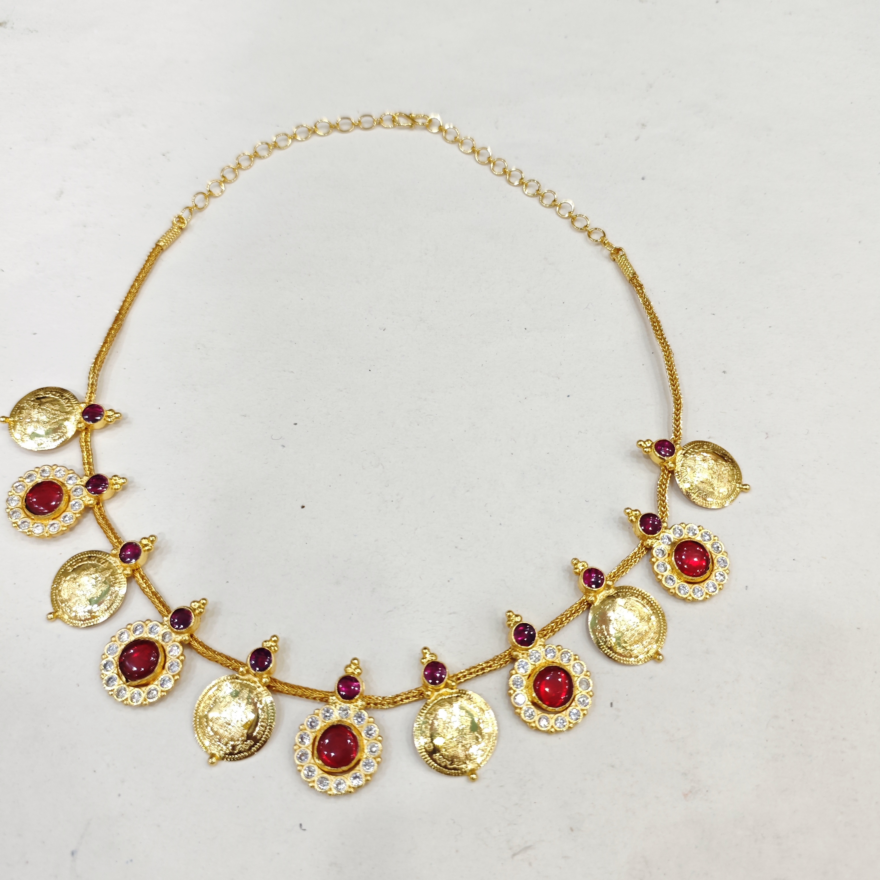 Red Stone Kasu Mala Necklace with CZ and Gold Coin Detailing