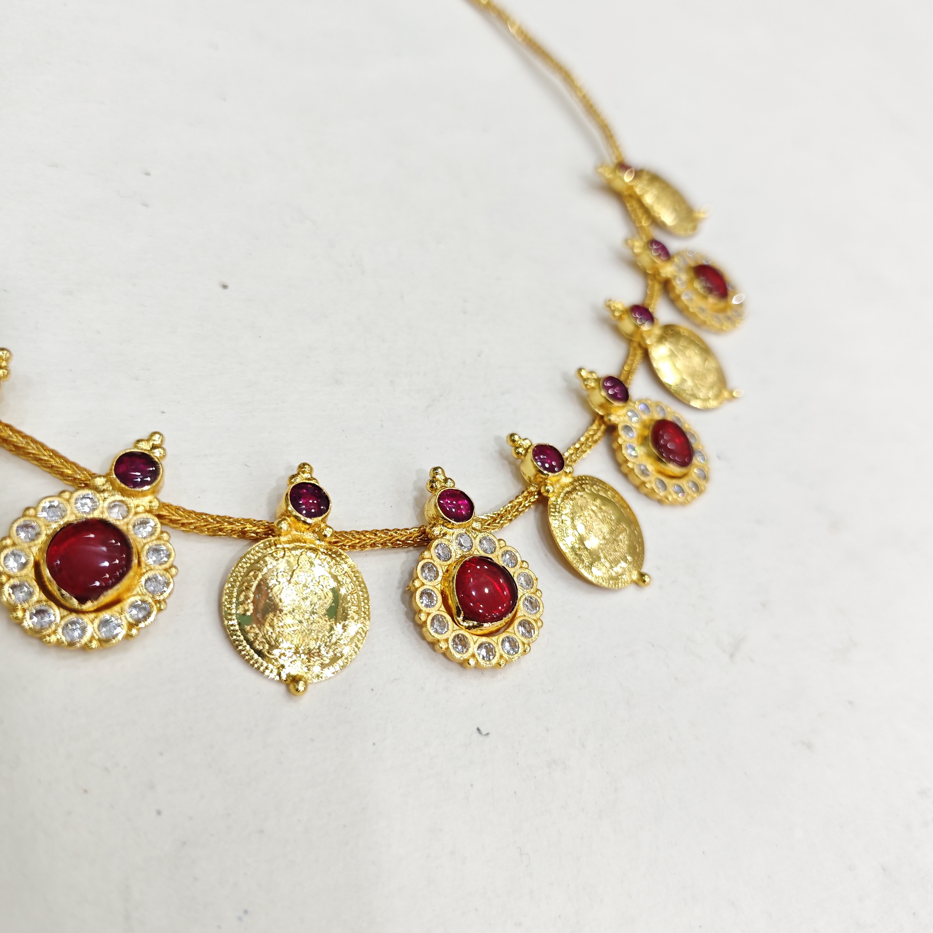Red Stone Kasu Mala Necklace with CZ and Gold Coin Detailing
