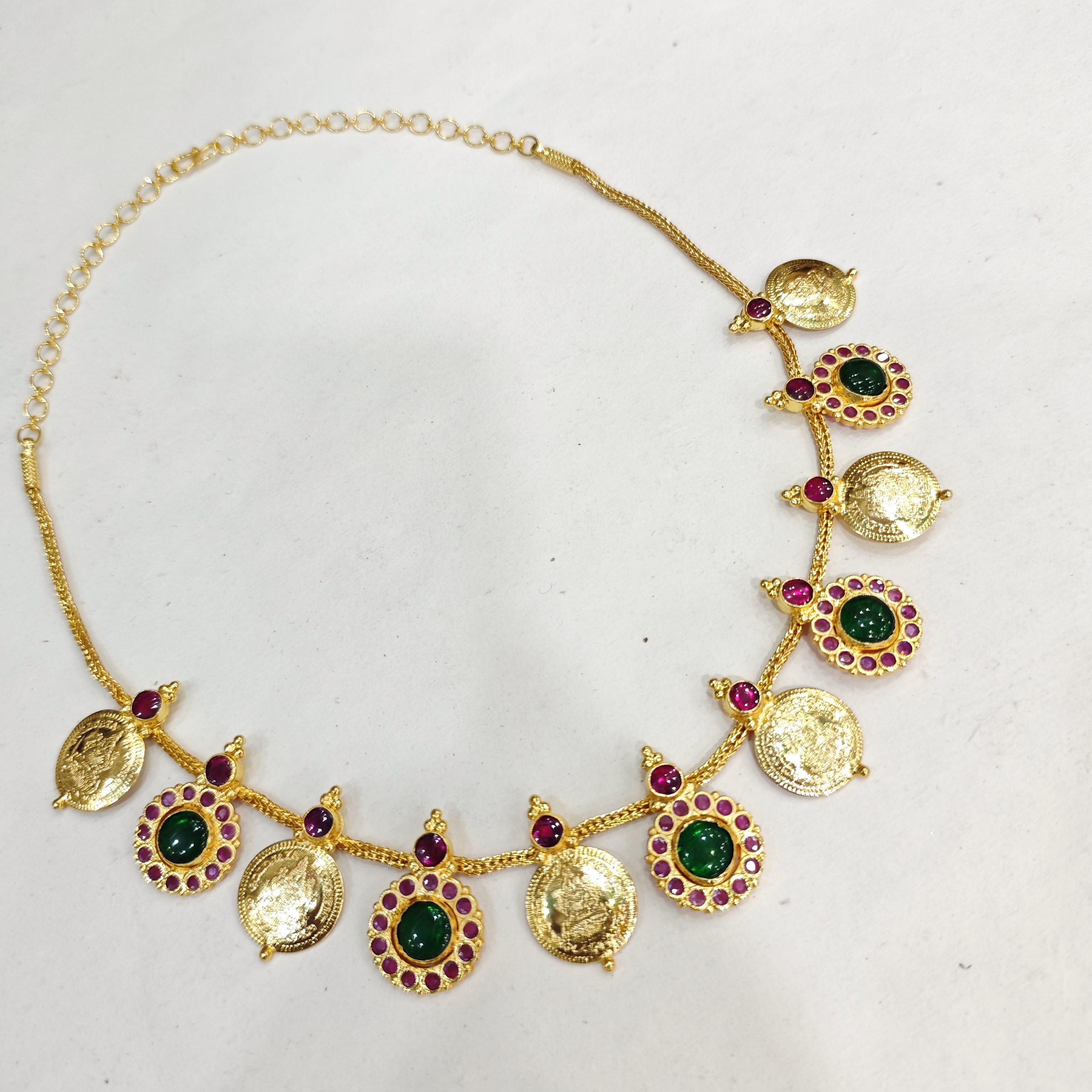Green Stone Kasu Mala Necklace with Ruby Border Accents
