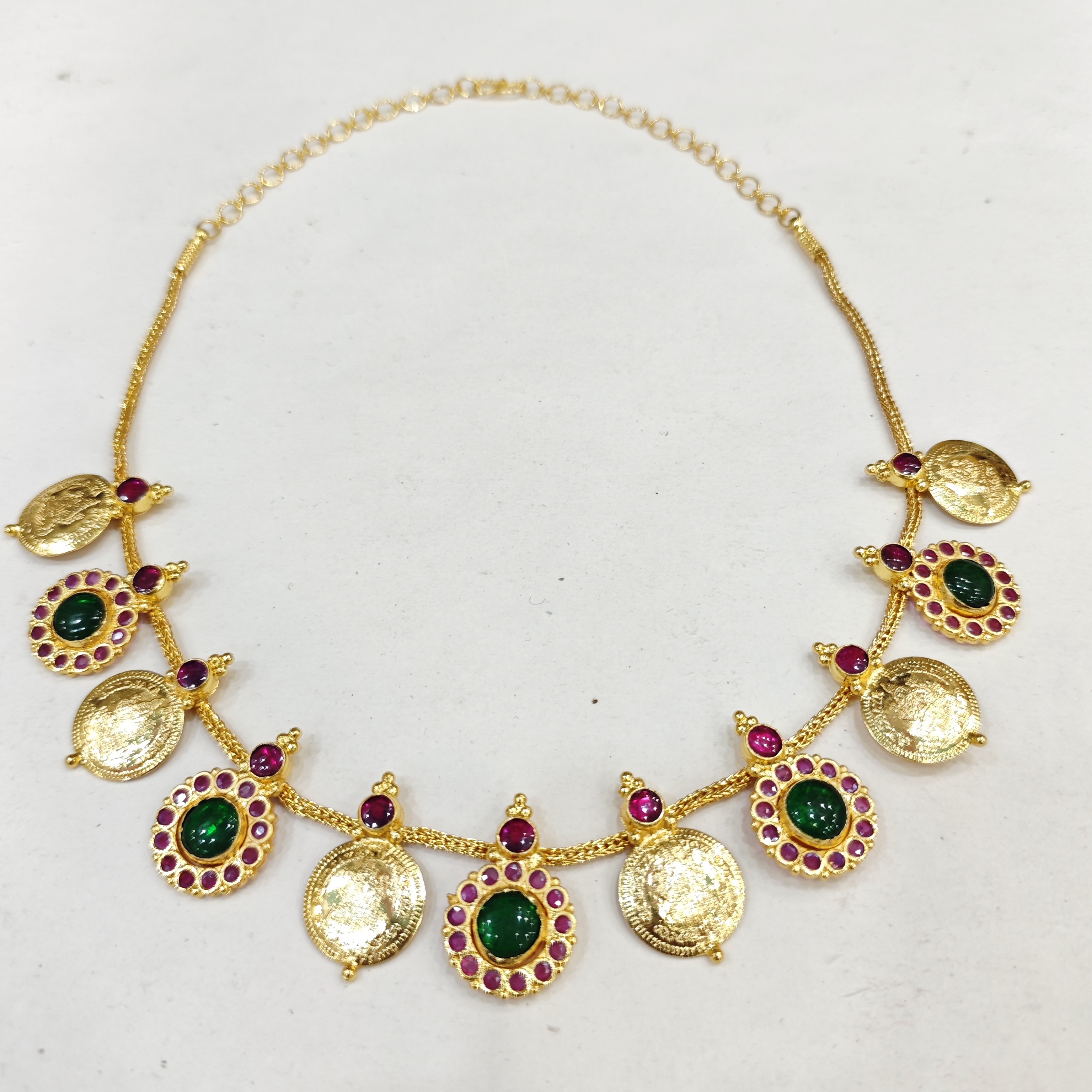 Green Stone Kasu Mala Necklace with Ruby Border Accents