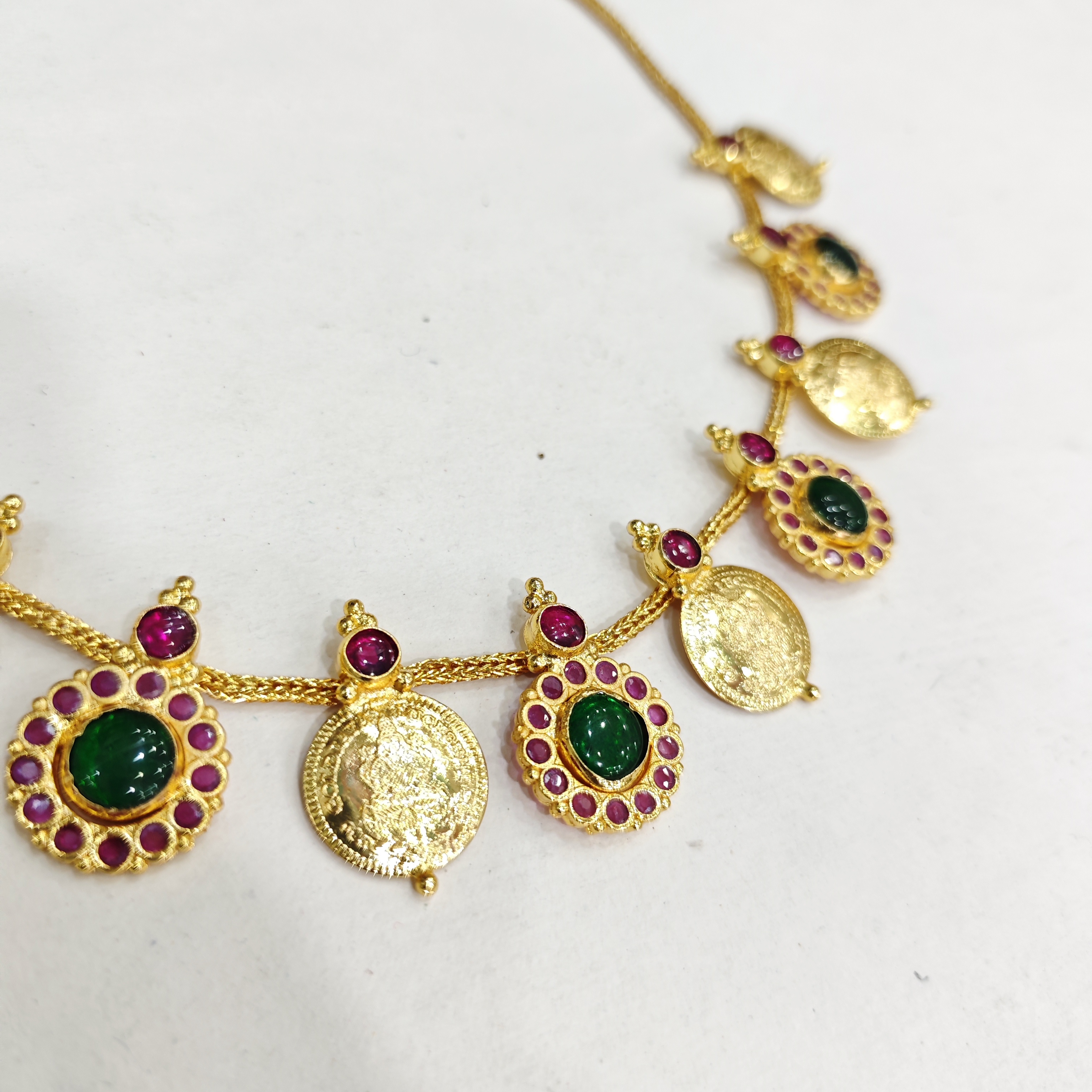Green Stone Kasu Mala Necklace with Ruby Border Accents