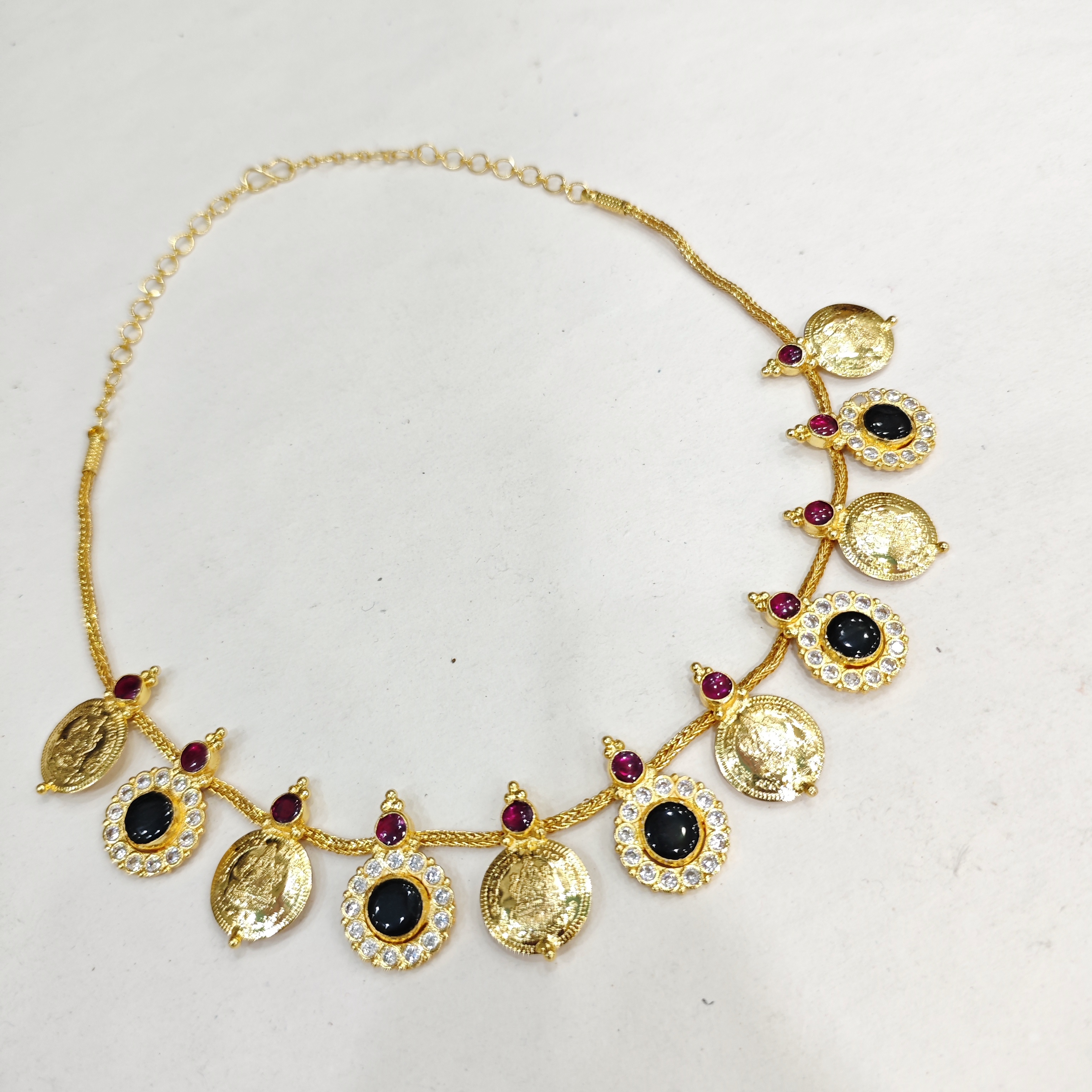  Designer Kasu Mala Necklace with Black Stone and Ruby Accents