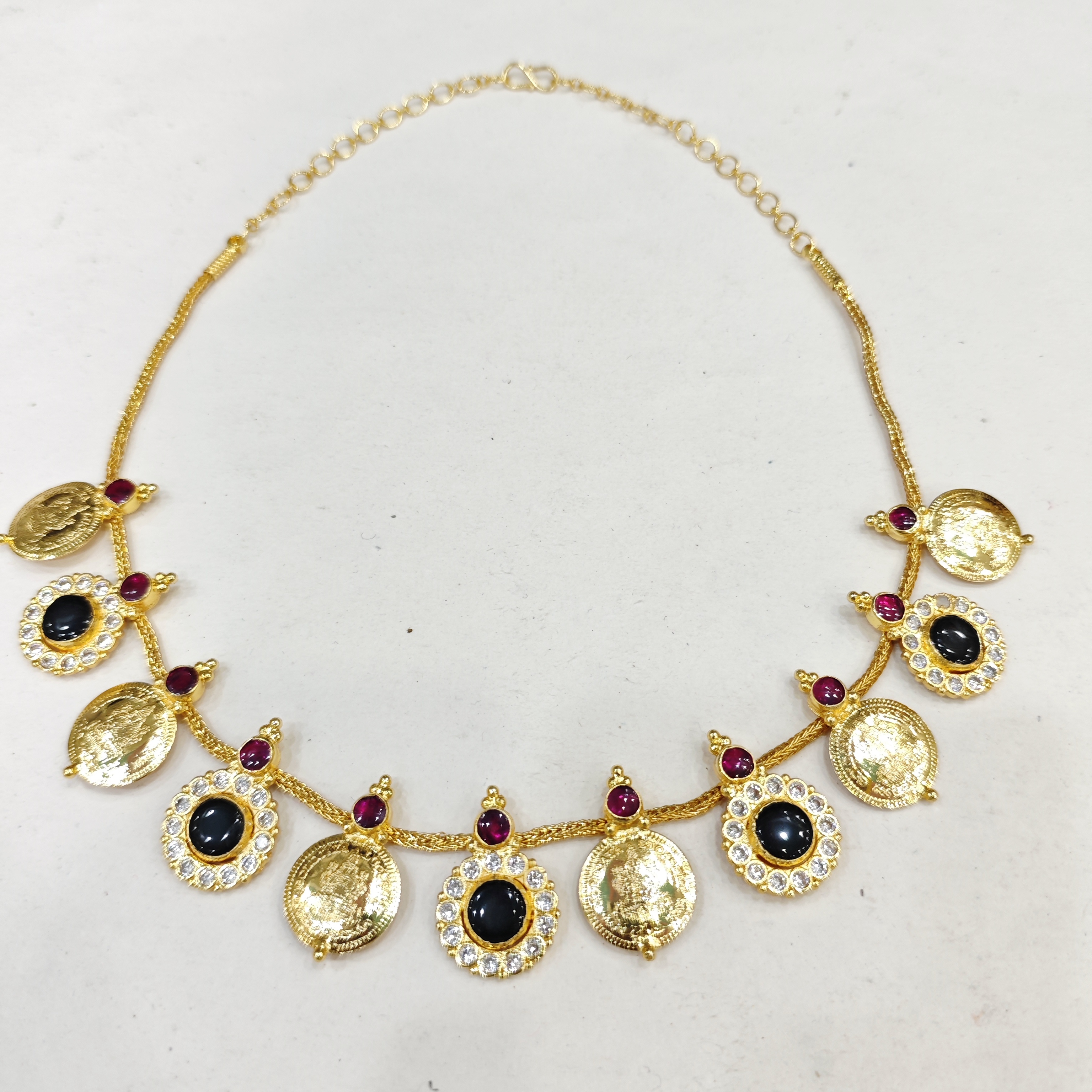  Designer Kasu Mala Necklace with Black Stone and Ruby Accents