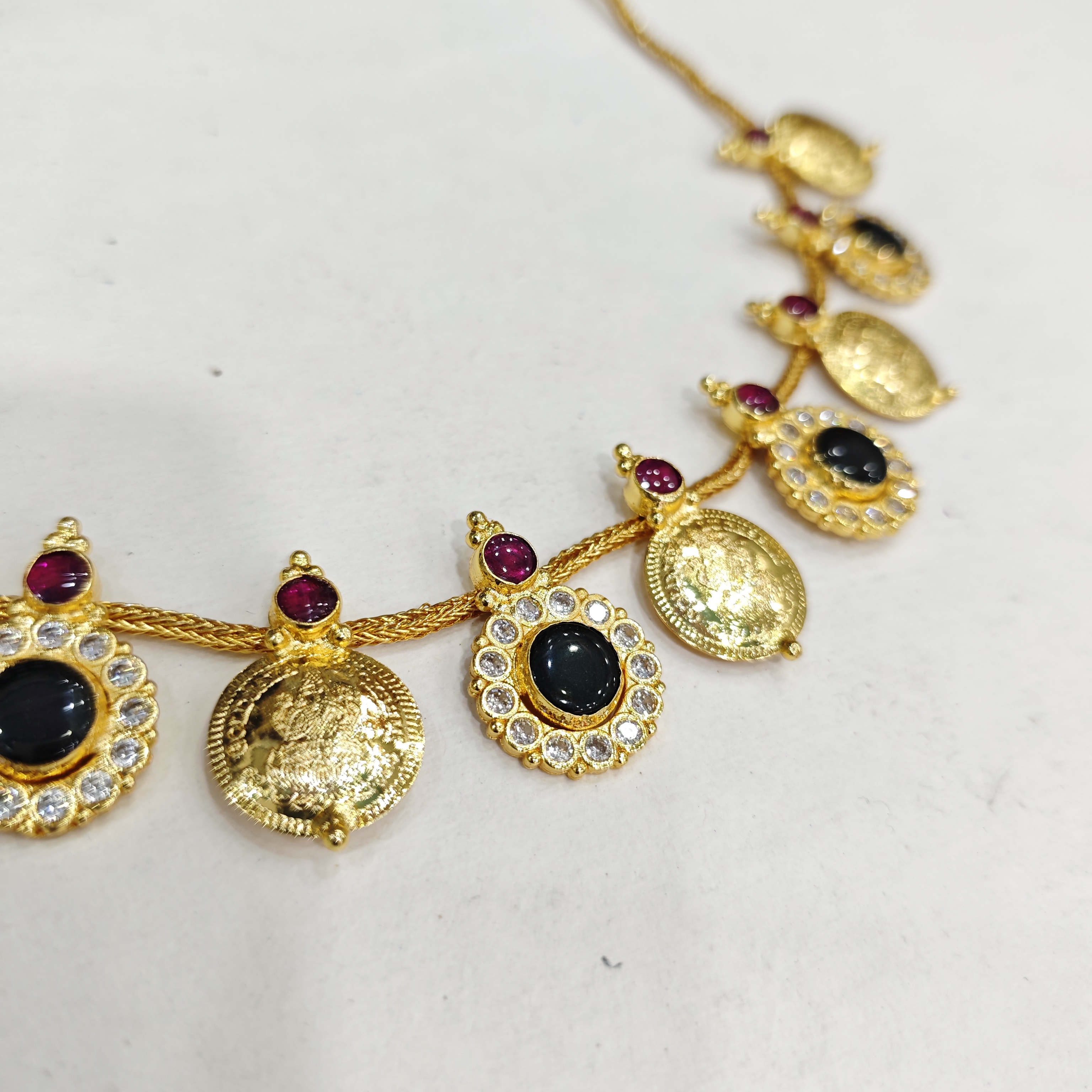  Designer Kasu Mala Necklace with Black Stone and Ruby Accents