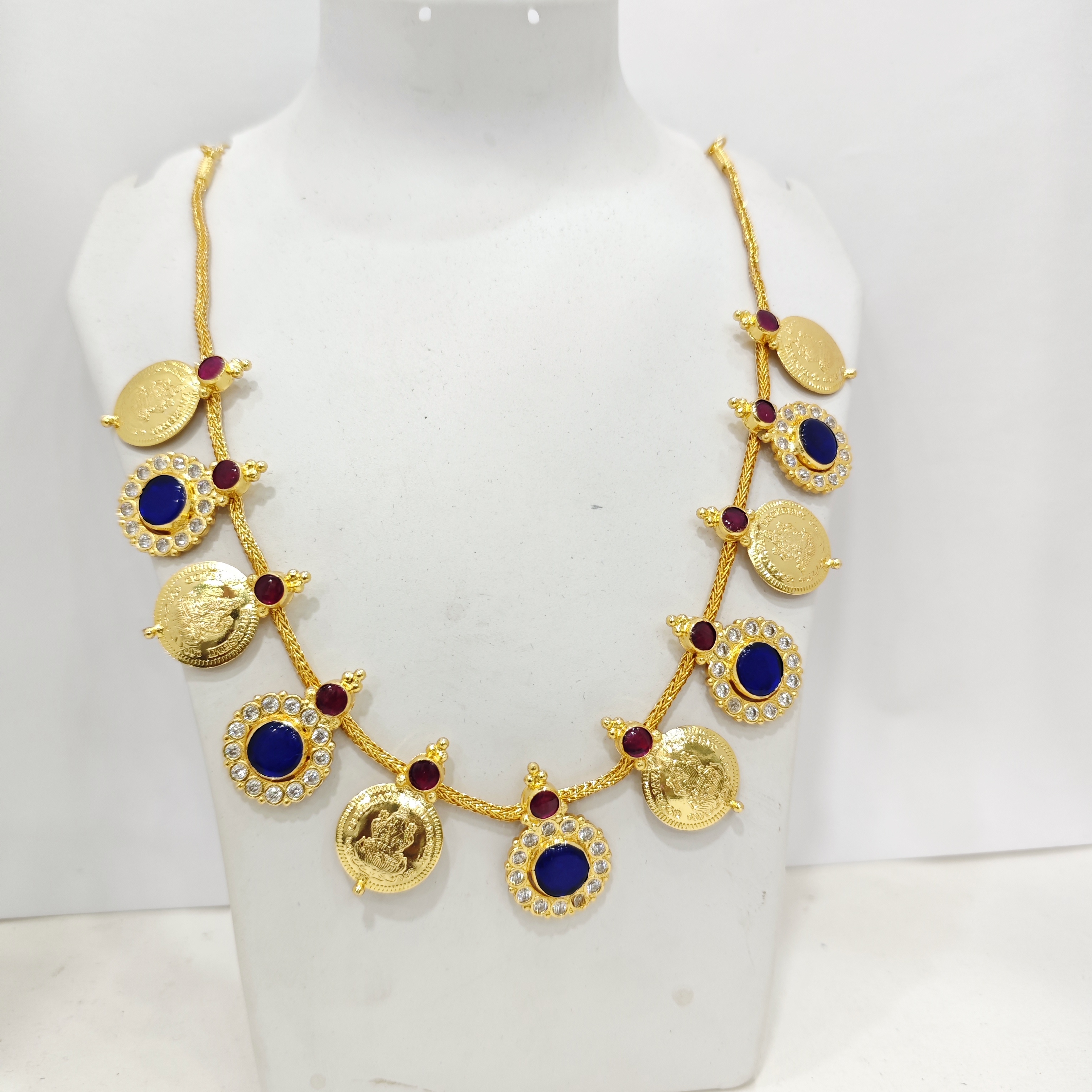 Blue Stone Kasu Mala Necklace with CZ and Ruby Detailing