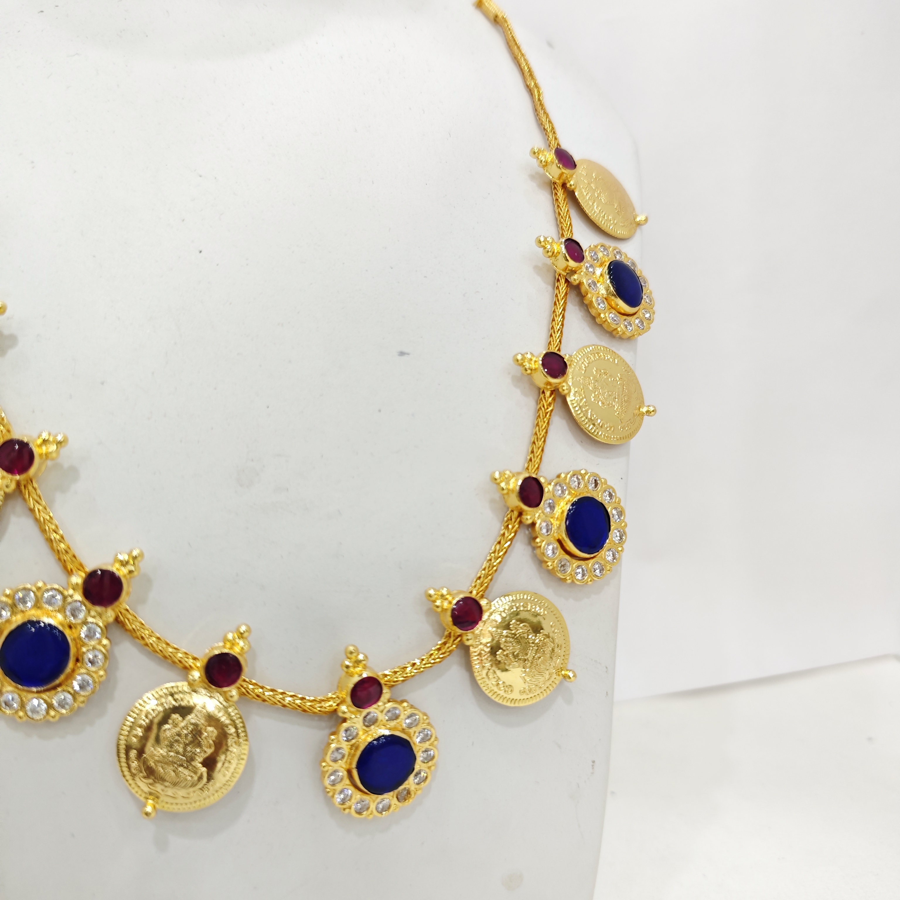 Blue Stone Kasu Mala Necklace with CZ and Ruby Detailing