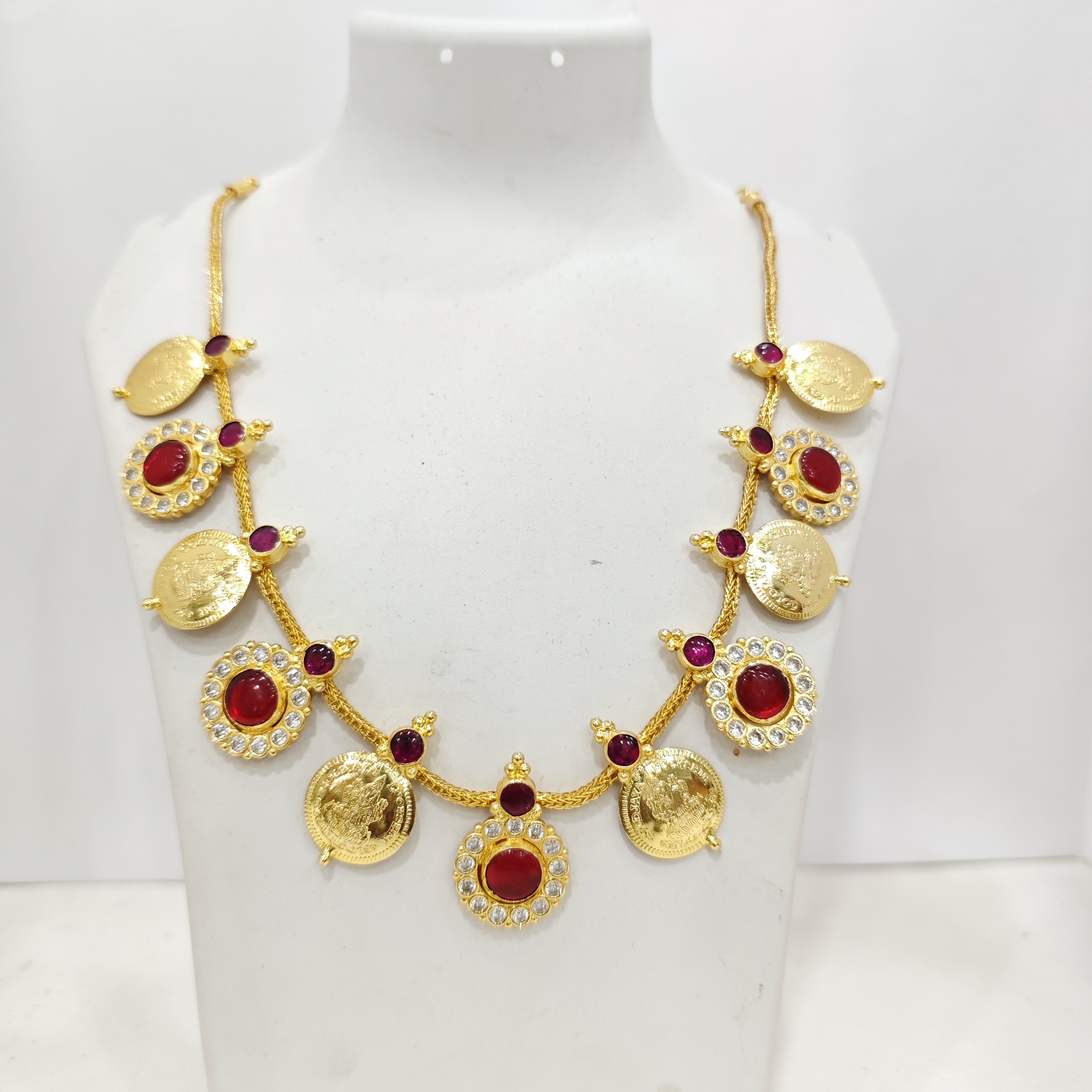 Red Stone Kasu Mala Necklace with CZ and Gold Coin Detailing