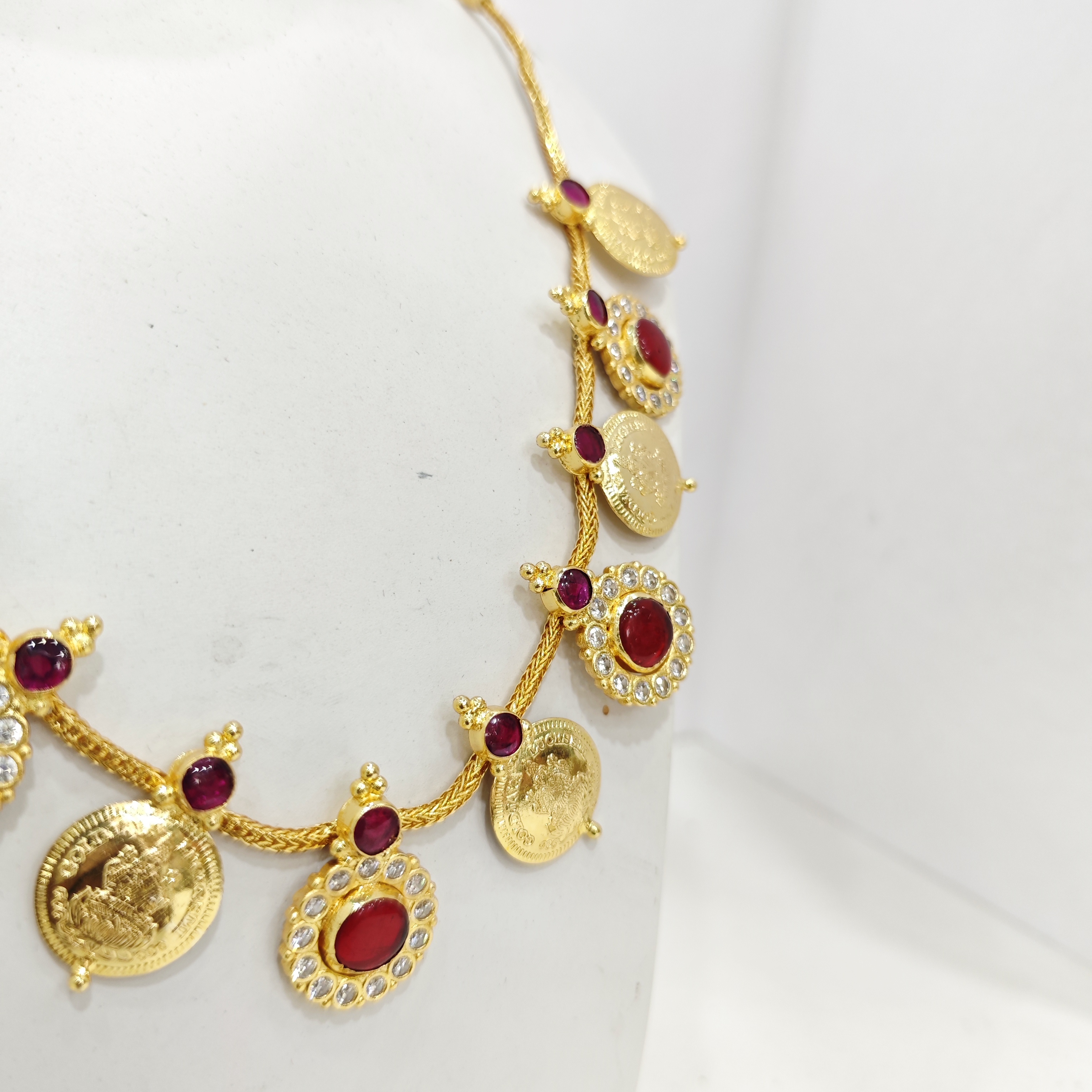 Red Stone Kasu Mala Necklace with CZ and Gold Coin Detailing