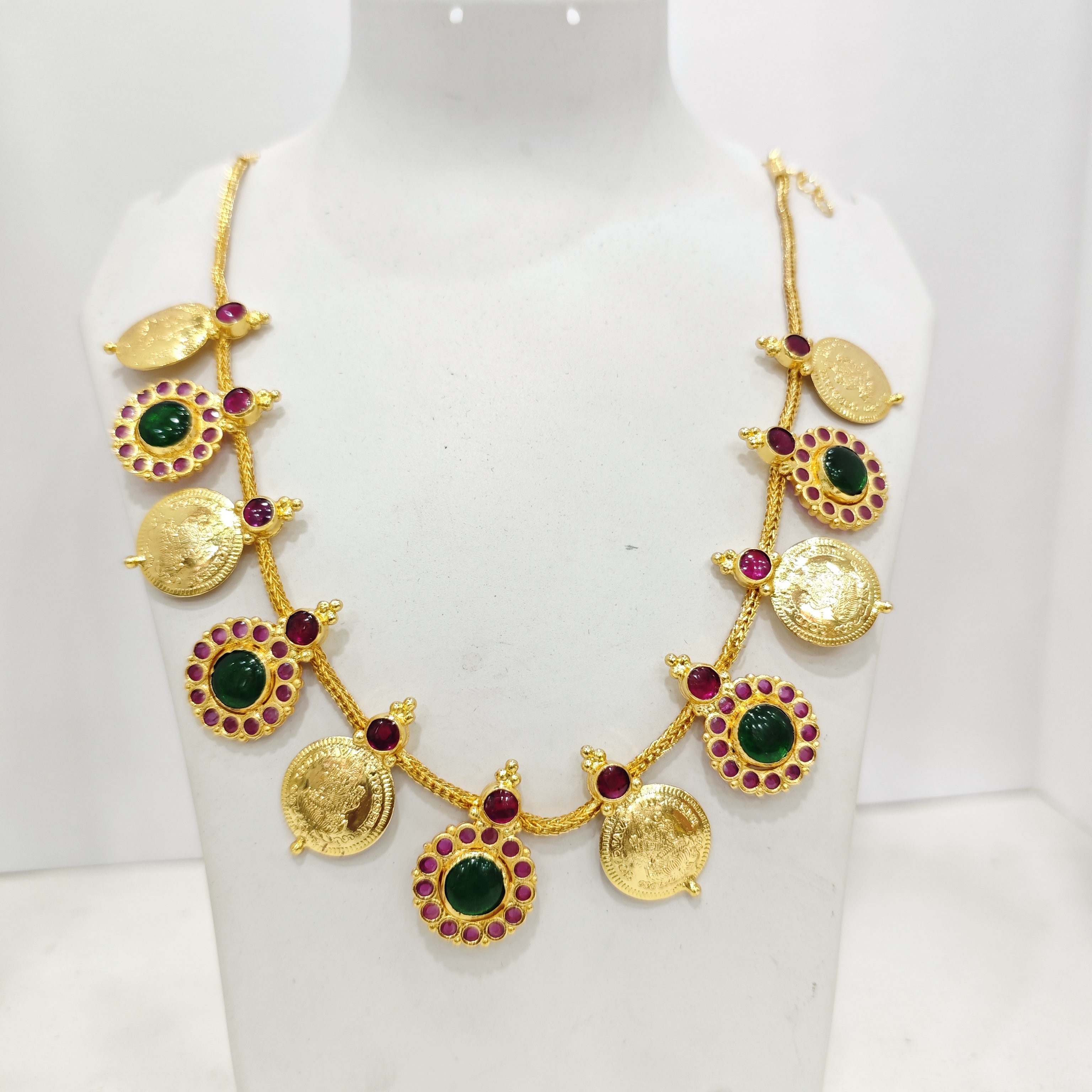 Green Stone Kasu Mala Necklace with Ruby Border Accents