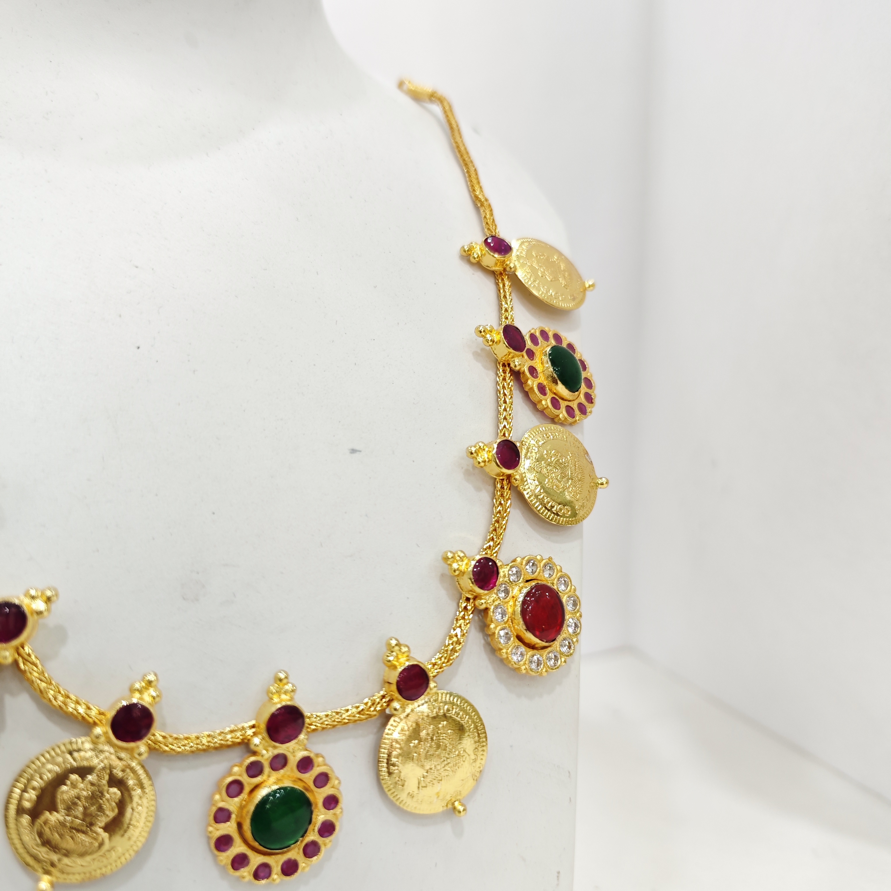 Multicolor Stone Kasu Mala Necklace with Green & Red Accents