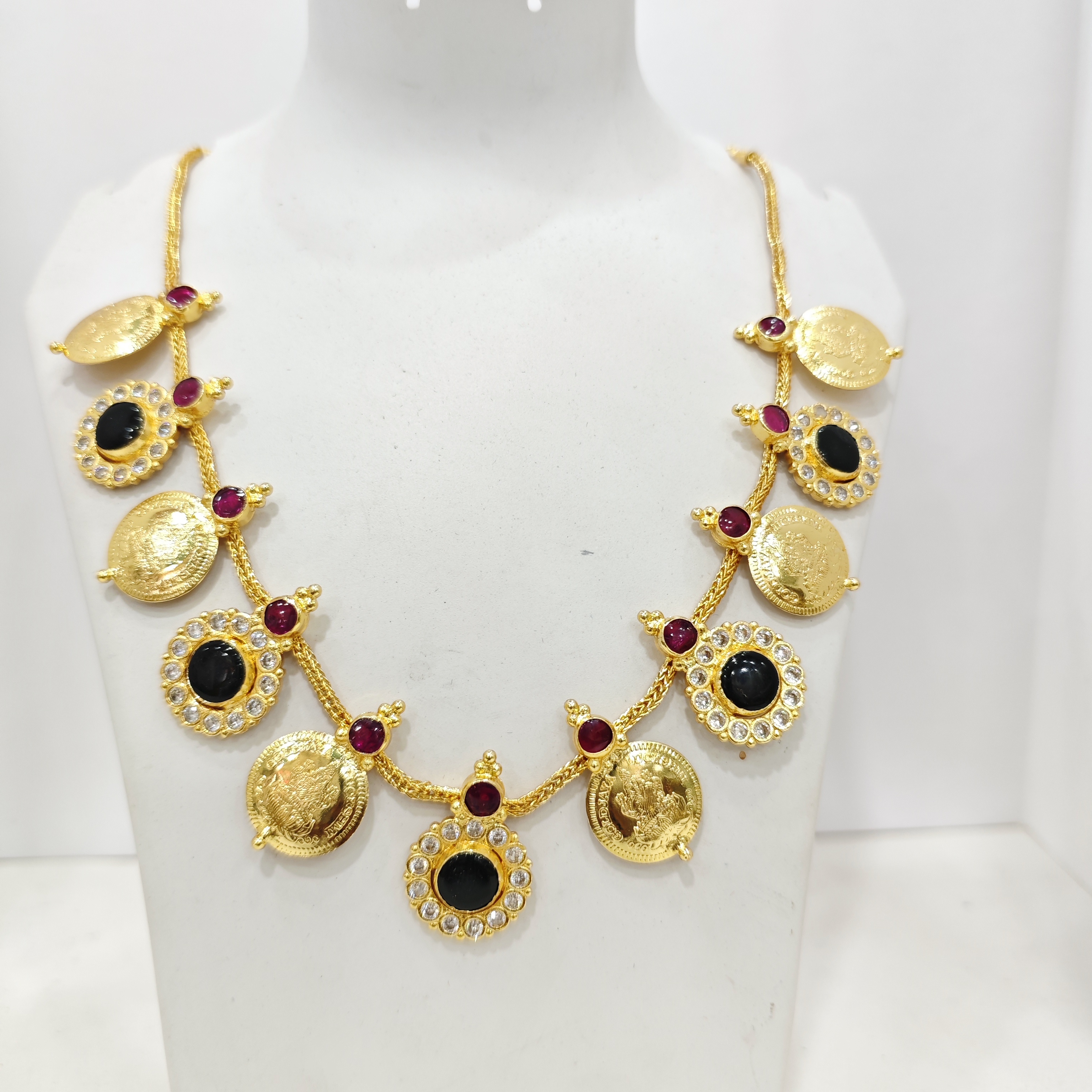  Designer Kasu Mala Necklace with Black Stone and Ruby Accents